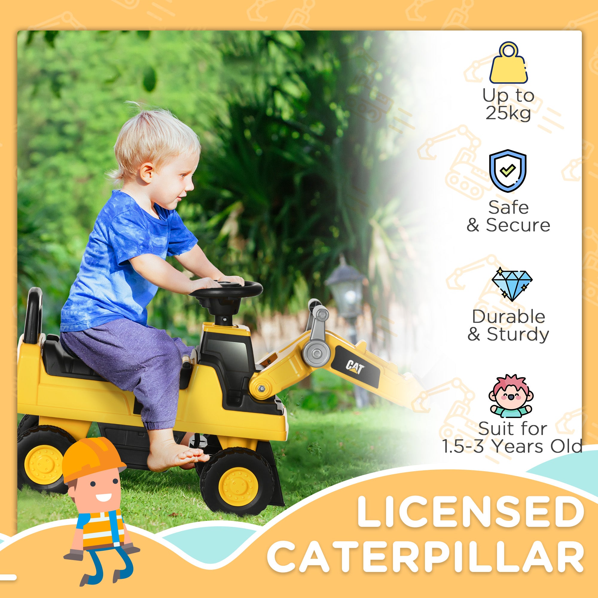 HOMCOM CAT Licensed Kids Construction Ride-On Toddler Digger Excavator Foot-To-Floor Ride-On Toy w/ Manual Shovel, Horn, Hidden Storage, for Ages 1.5-3 Years - North Peak Garden Furniture