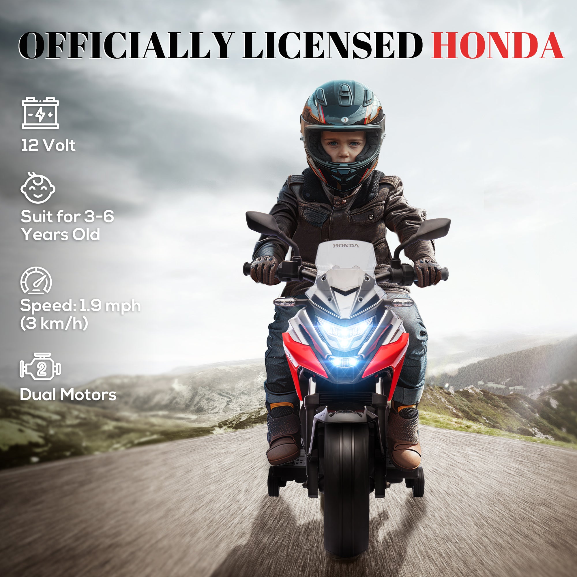 AIYAPLAY 12V Honda Licensed Kids Electric Motorbike w/ Music, Headlights, Early Education Function, for Ages 3-6 Years, Red - North Peak Garden Furniture