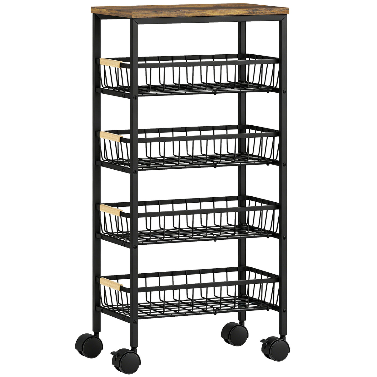HOMCOM Metal Kitchen Trolley, 4-Tier Storage Trolley with Pull-Out Baskets and 4 Swivel Casters for Kitchen, Rustic Brown