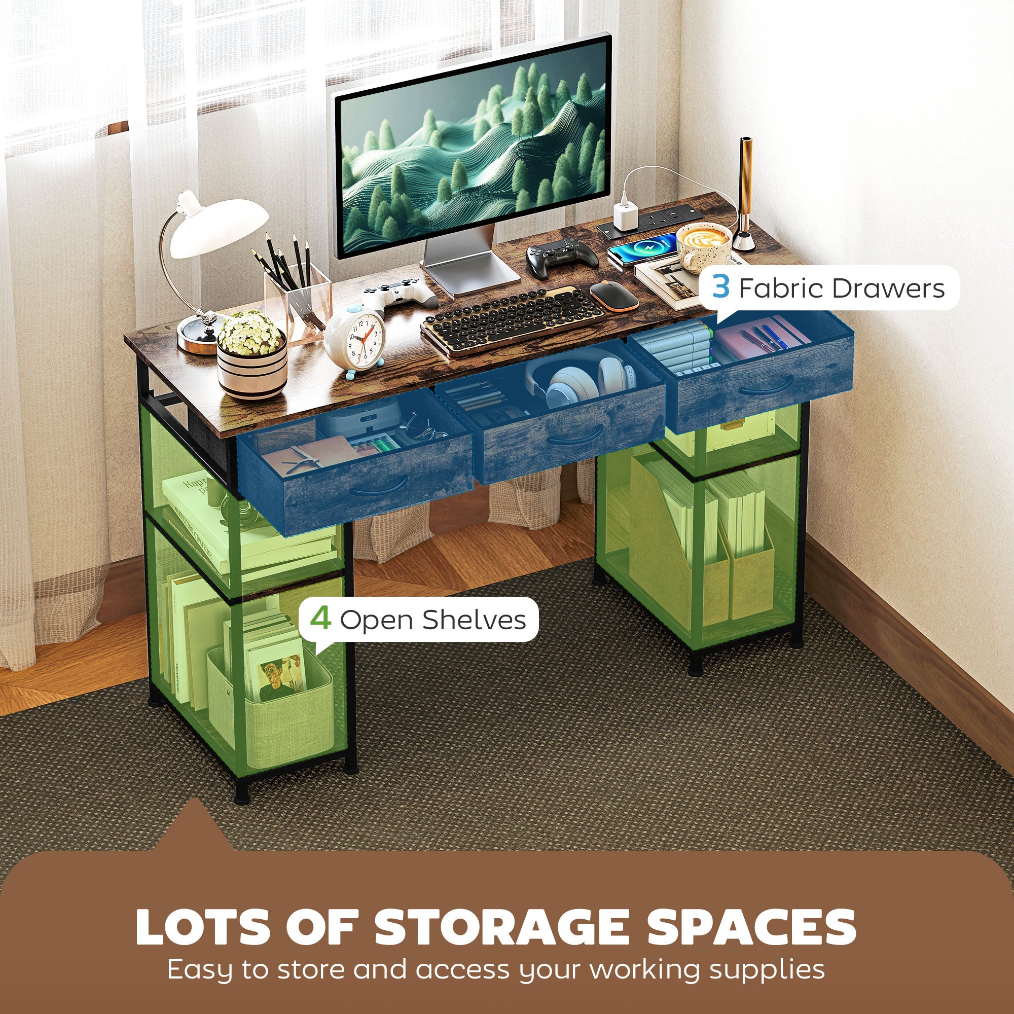 HOMCOM 120cm Computer Desk with Power Outlets, Office Desk Study Table with Fabric Drawers and Storage Shelves, Rustic Brown - North Peak Garden Furniture