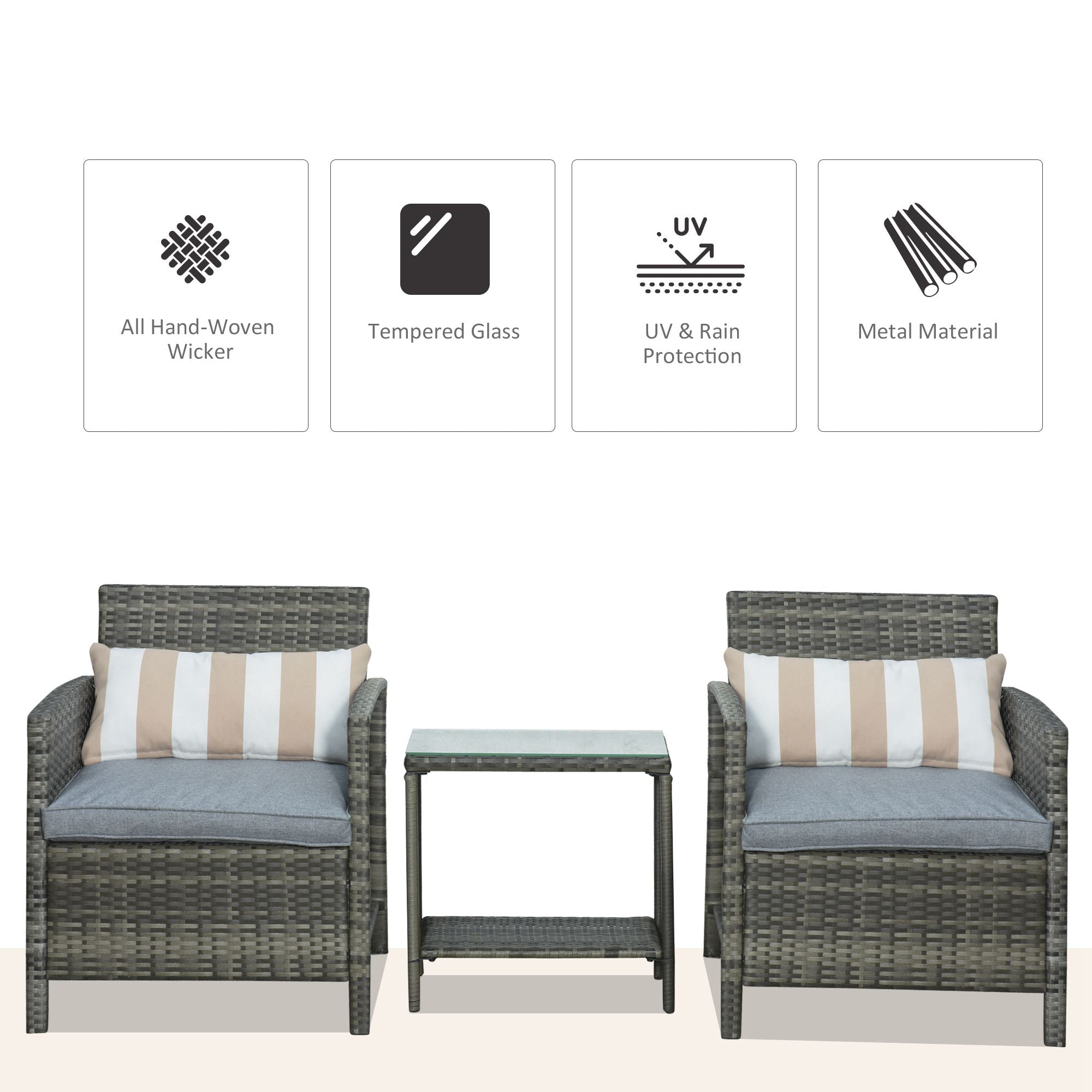 Outsunny 3 Pieces Rattan Bistro Set, Wicker Garden Furniture Set, Glass Top 2-tier Coffee Table and Chairs Set with Pillows and Washable Cushions for Outdoor, Patio, Balcony, Grey - North Peak Garden Furniture