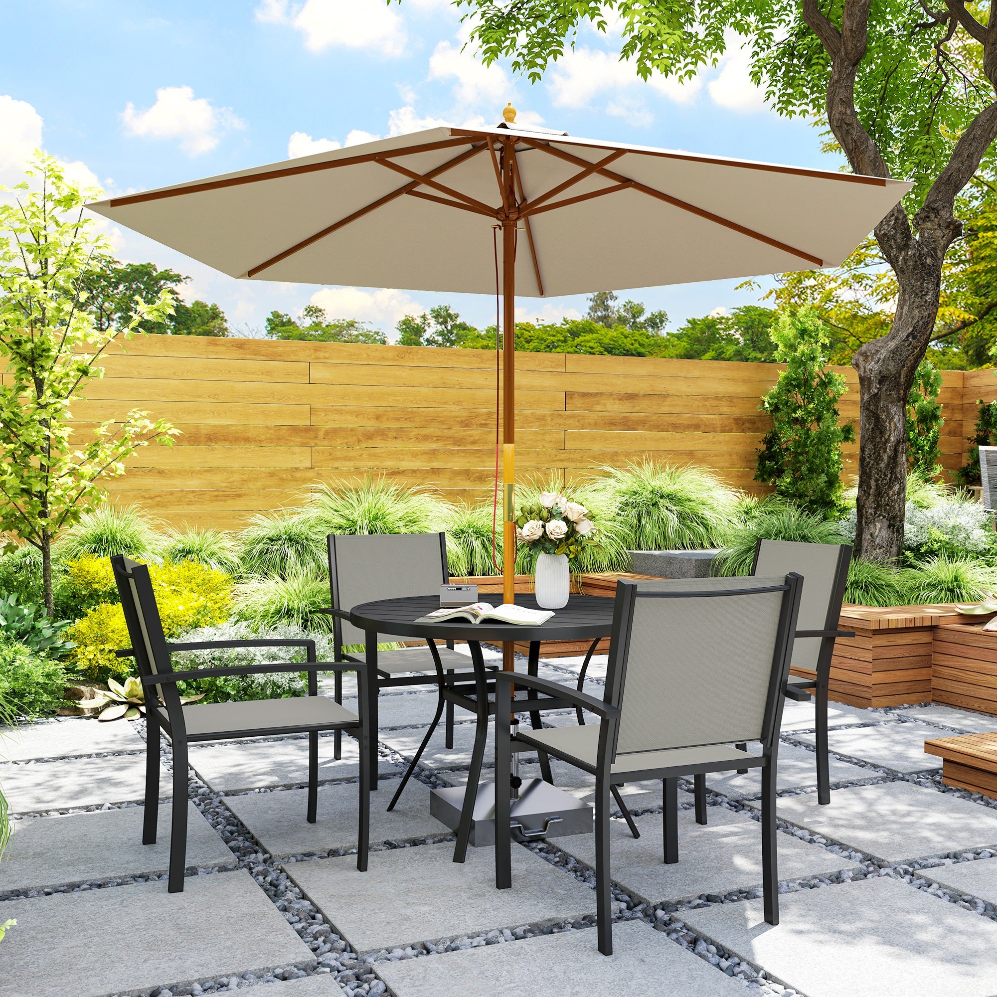 Outsunny 5 Piece Garden Furniture Set, Garden Dining Set with Round Table and 4 Stackable Chairs, Steel Frame, for Outdoor, Patio, Terraces, Dark Grey - North Peak Garden Furniture