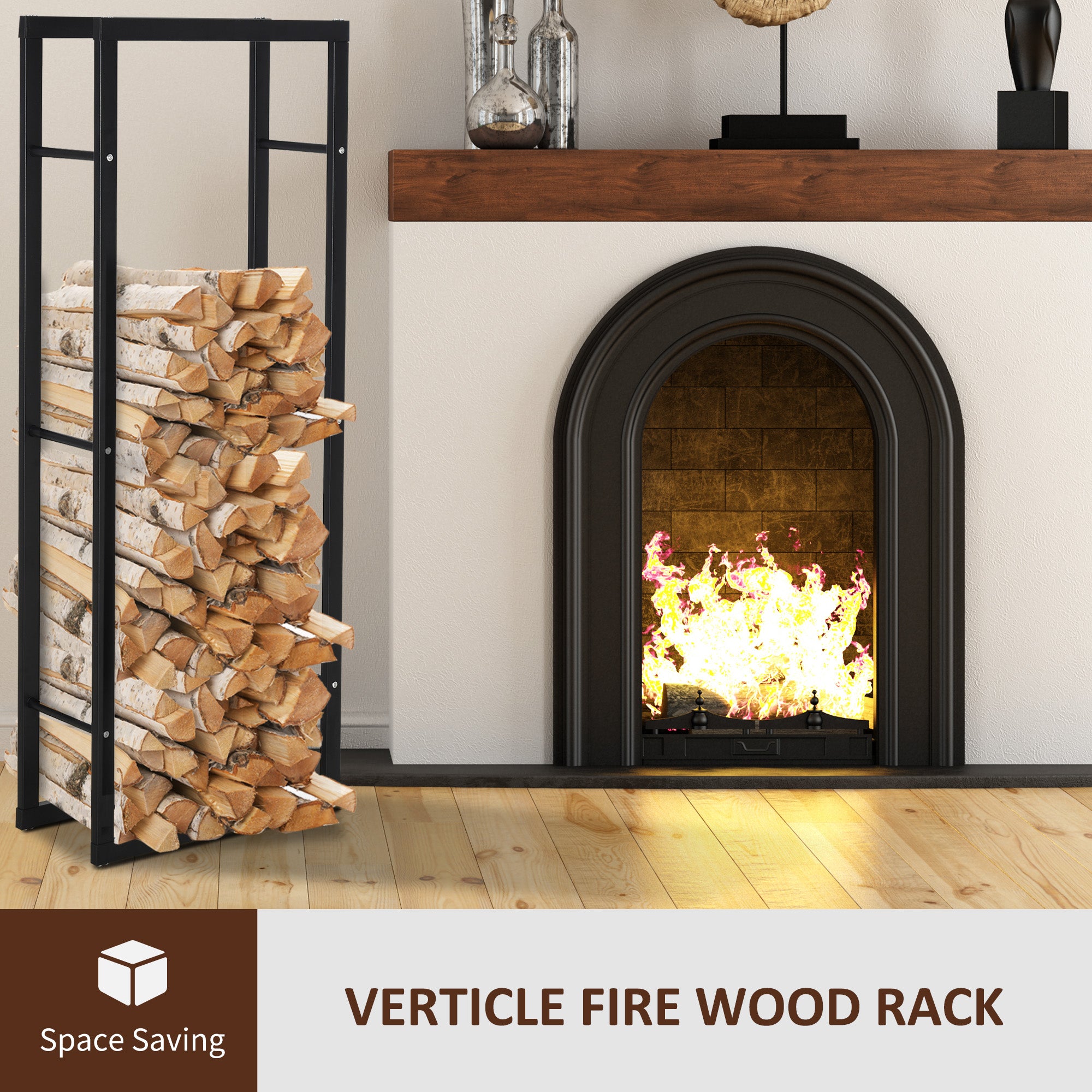 HOMCOM Metal Firewood Log Holder Tall Firewood Rack Indoor Outdoor Fireplace Wood Storage Shelf with Side Rails, Rust-Resistant, Black, 40W x 25D x 150H cm