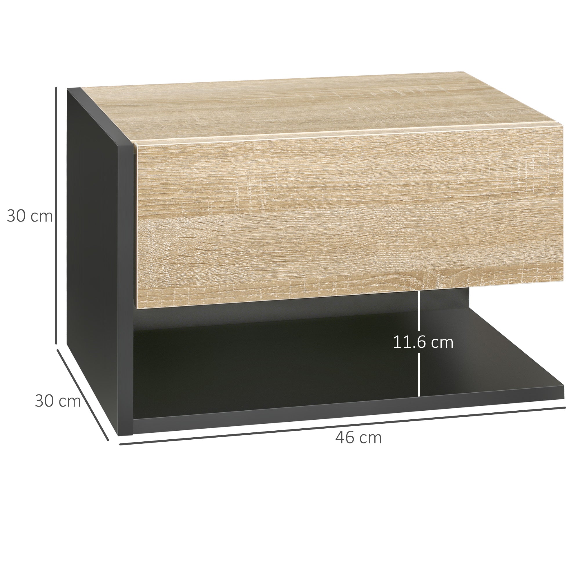 HOMCOM Floating Bedside Table Set of 2, Wall Mounted Bedside Cabinet with Drawer and Open Shelf, Modern Nightstand for Bedroom, 46 x 30 x 30 cm, Oak Tone