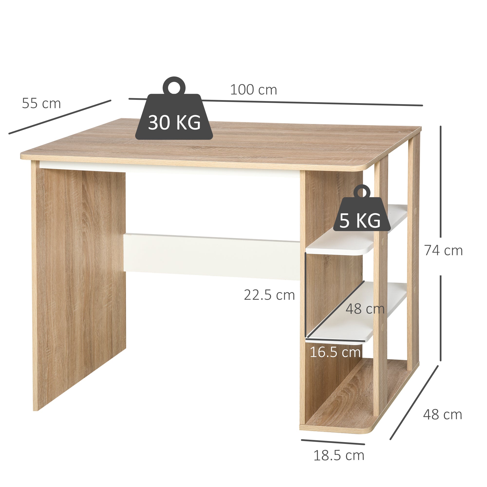HOMCOM Computer Desk, Writing Desk with 3-Tier Storage Shelf, Work Table for Home Office, Study, Living Room, Oak and White - North Peak Garden Furniture