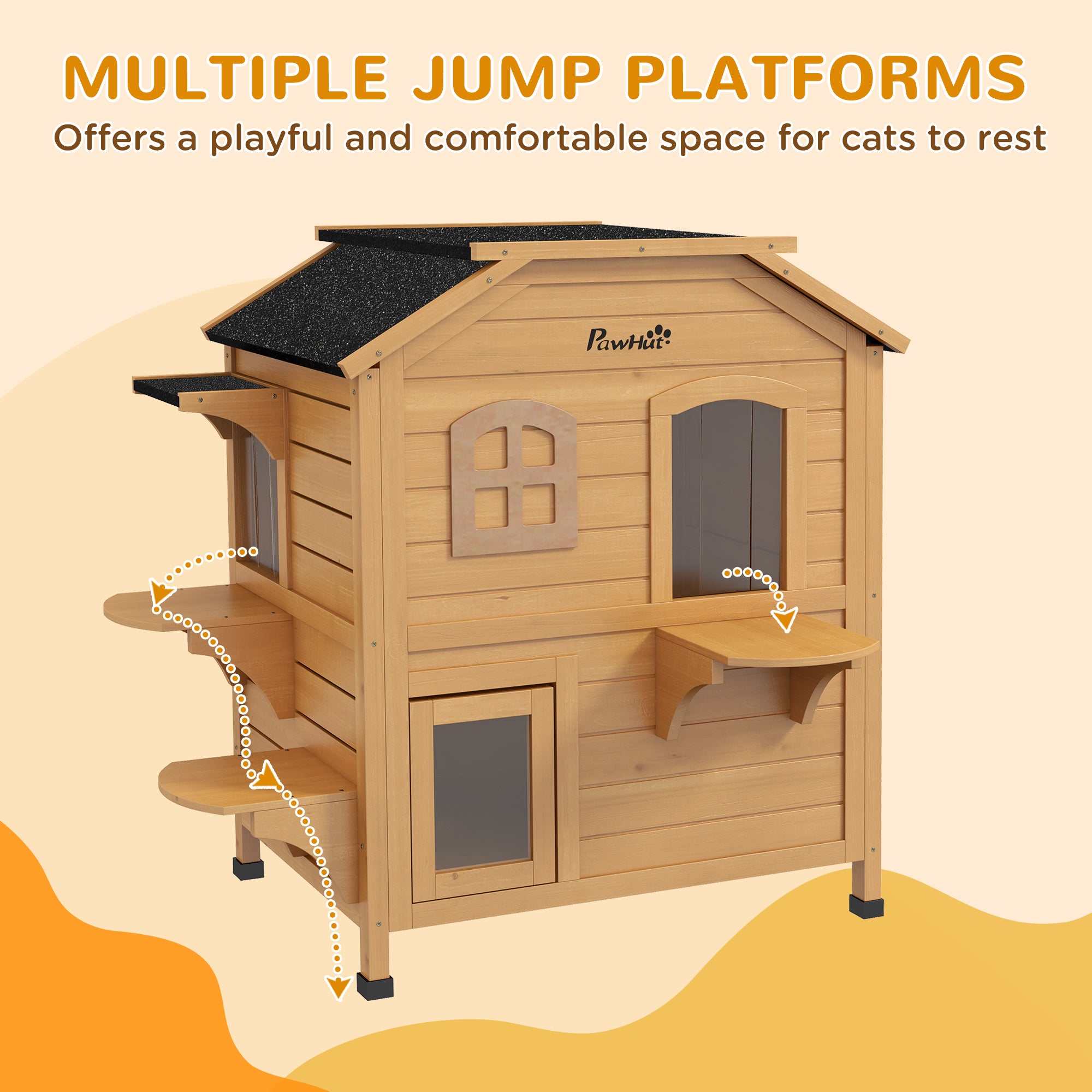 PawHut 2-story Cat House Outdoor, Weatherproof Wooden Cat Enclosure for Feral Cats with Escape Door, Openable Roof, Jumping Platforms, Natural Wood Finish