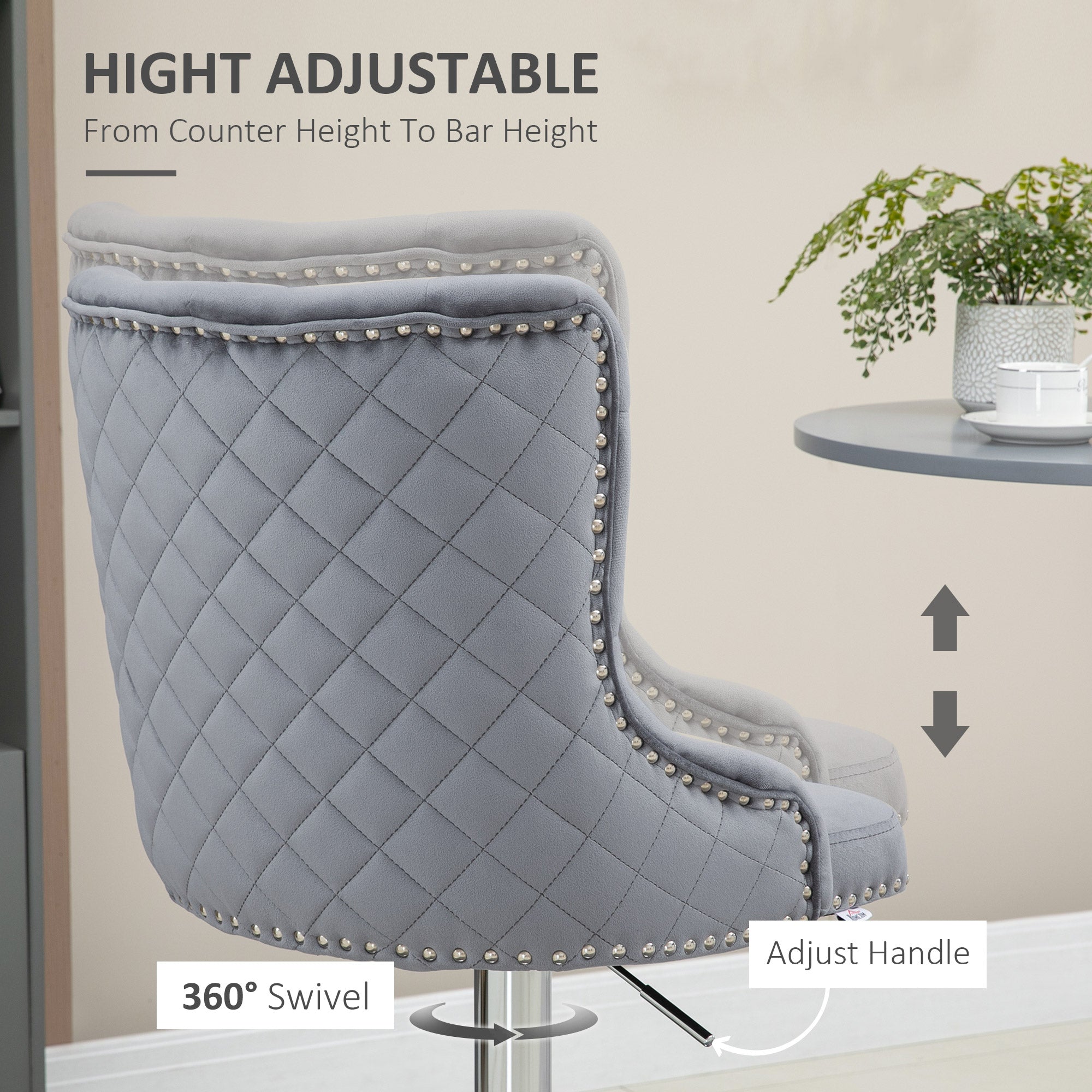 HOMCOM Modern Adjustable Bar Stools Set of 2, Swivel Velvet Barstools with Button Tufted Back, Footrest, Nailhead Trim for Home Bar, Grey - North Peak Garden Furniture