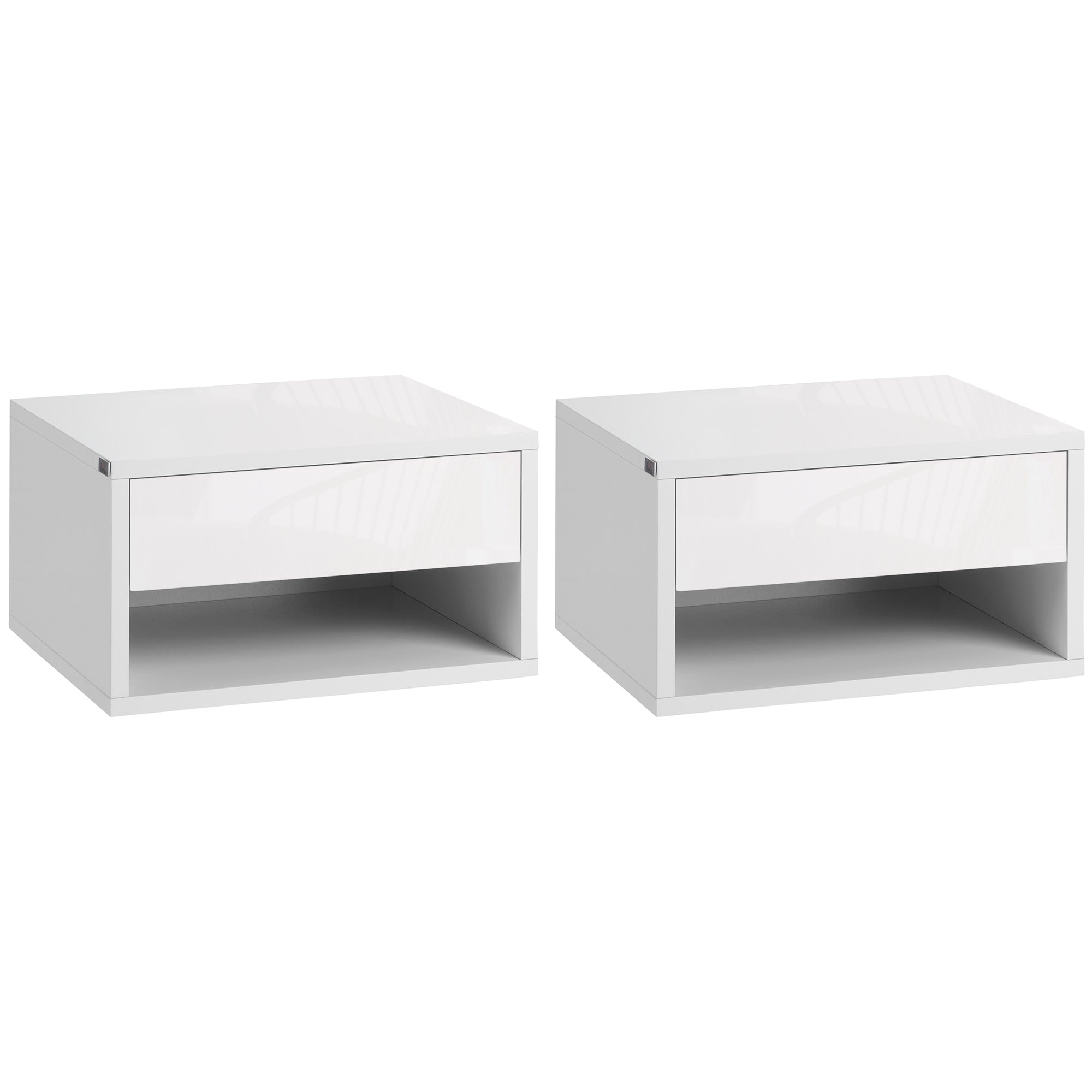 HOMCOM 2 Pieces Bedside Table Wall Mounted Nightstand with Drawer and Shelf for Bedroom, 37 x 32 x 21cm, High Gloss White - North Peak Garden Furniture