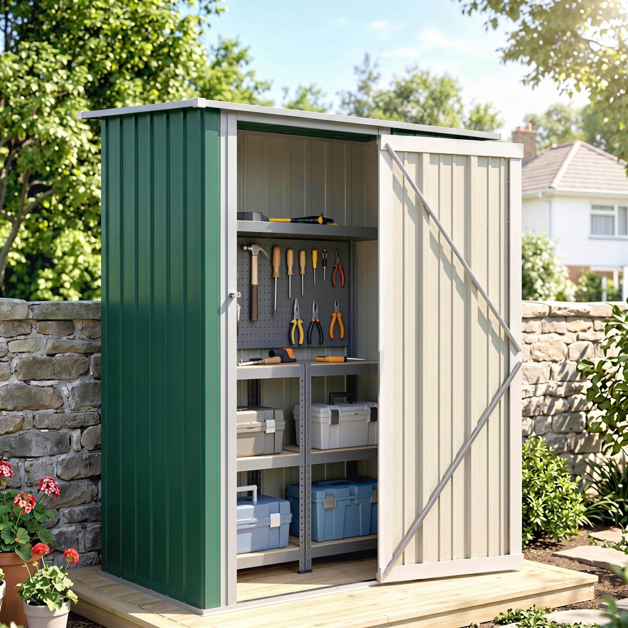 Outsunny 5ft x 3ft Garden Metal Storage Shed, Outdoor Tool Shed with Sloped Roof, Lockable Door for Tools, Equipment, Green