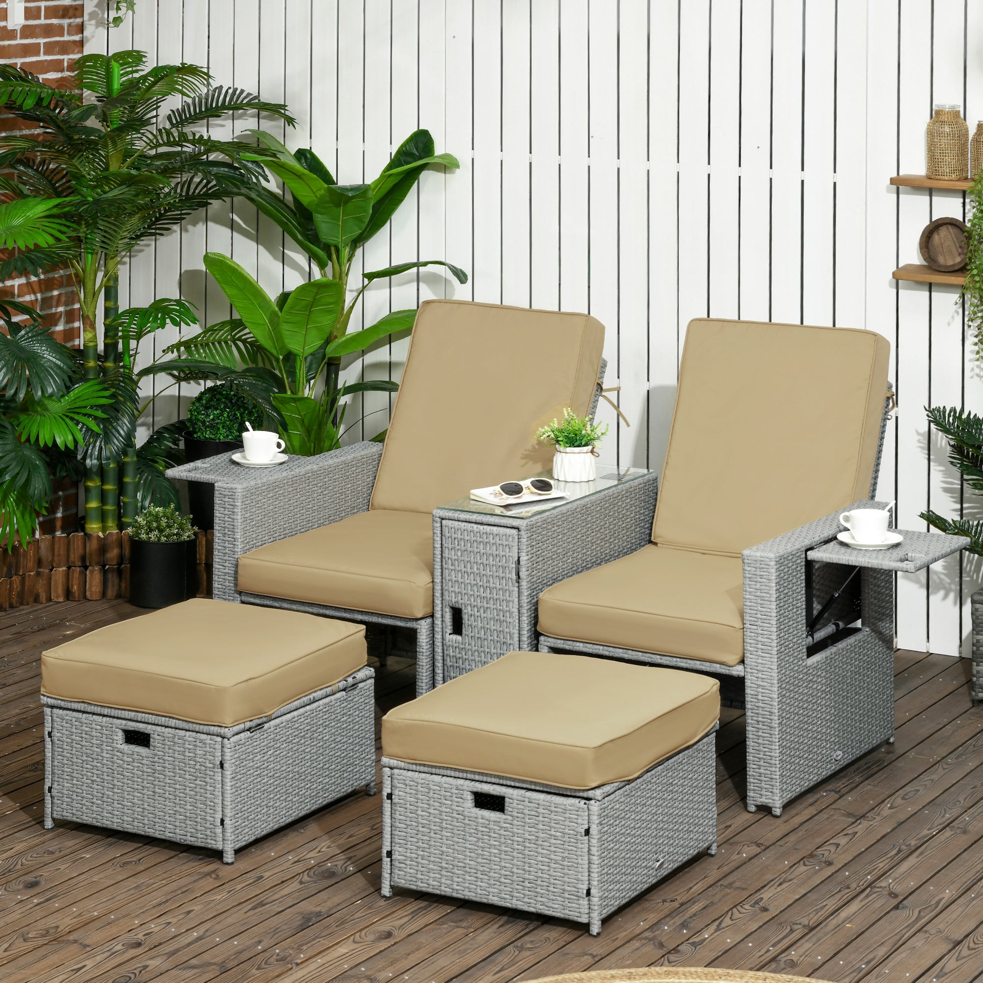 Outsunny 5PC PE Rattan Sun Lounger, Outdoor Wicker 5-level Adjustable Recliner Sofa Bed with Storage Side Table and Footstools, for Patio, Garden, Poolside, Beige - North Peak Garden Furniture