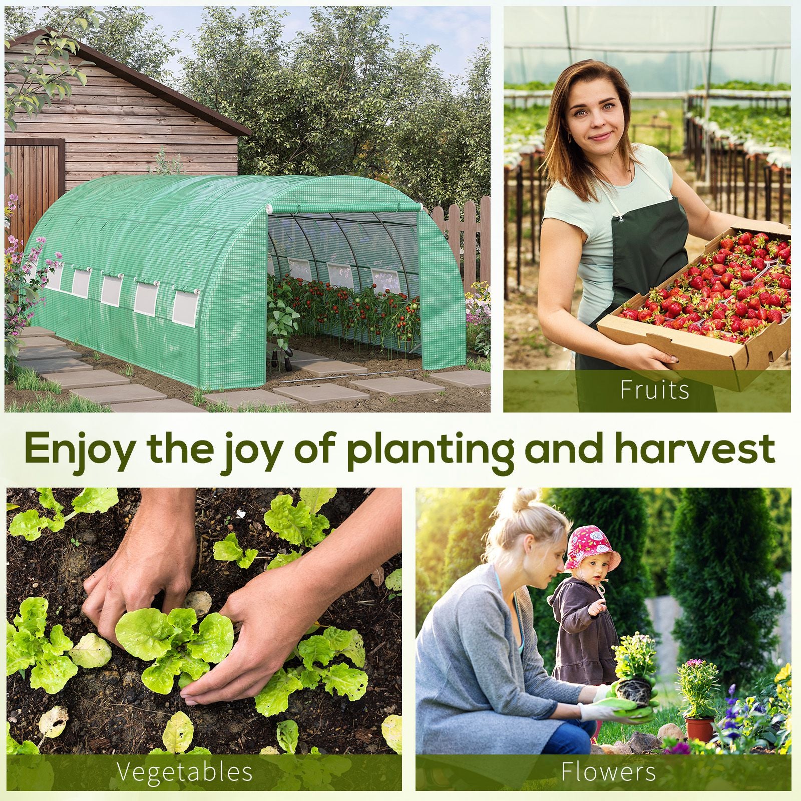 Outsunny Polytunnel Greenhouse Walk-in Grow House Tent with Roll-up Sidewalls, Zipped Door and 12 Windows, 6x3x2m Green - North Peak Garden Furniture