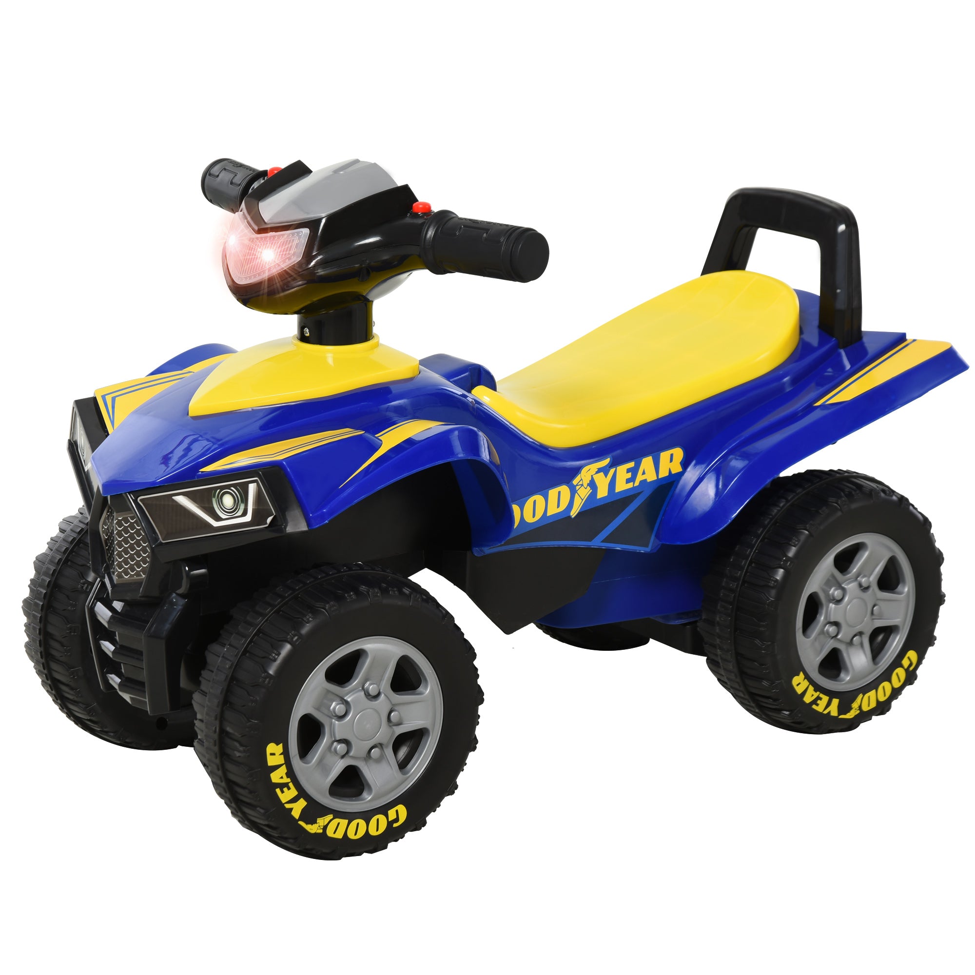 HOMCOM Baby Quad Bike Kids Ride On Car Goodyear Licensed Walker Foot To Floor Slider NO POWER w/ Lights Horn Storage Blue for 18-36 Months - North Peak Garden Furniture