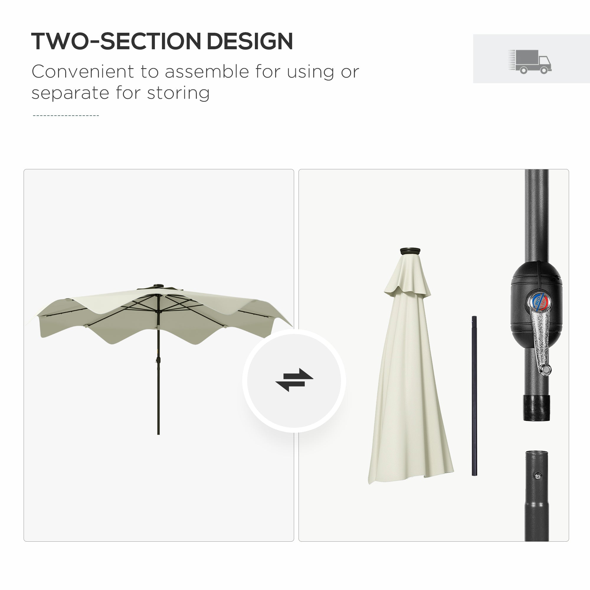 Outsunny Solar Patio Umbrella with LED and Tilt, Outdoor Market Table Umbrella Parasol with Crank, 3 x 3 (m), Cream White - North Peak Garden Furniture
