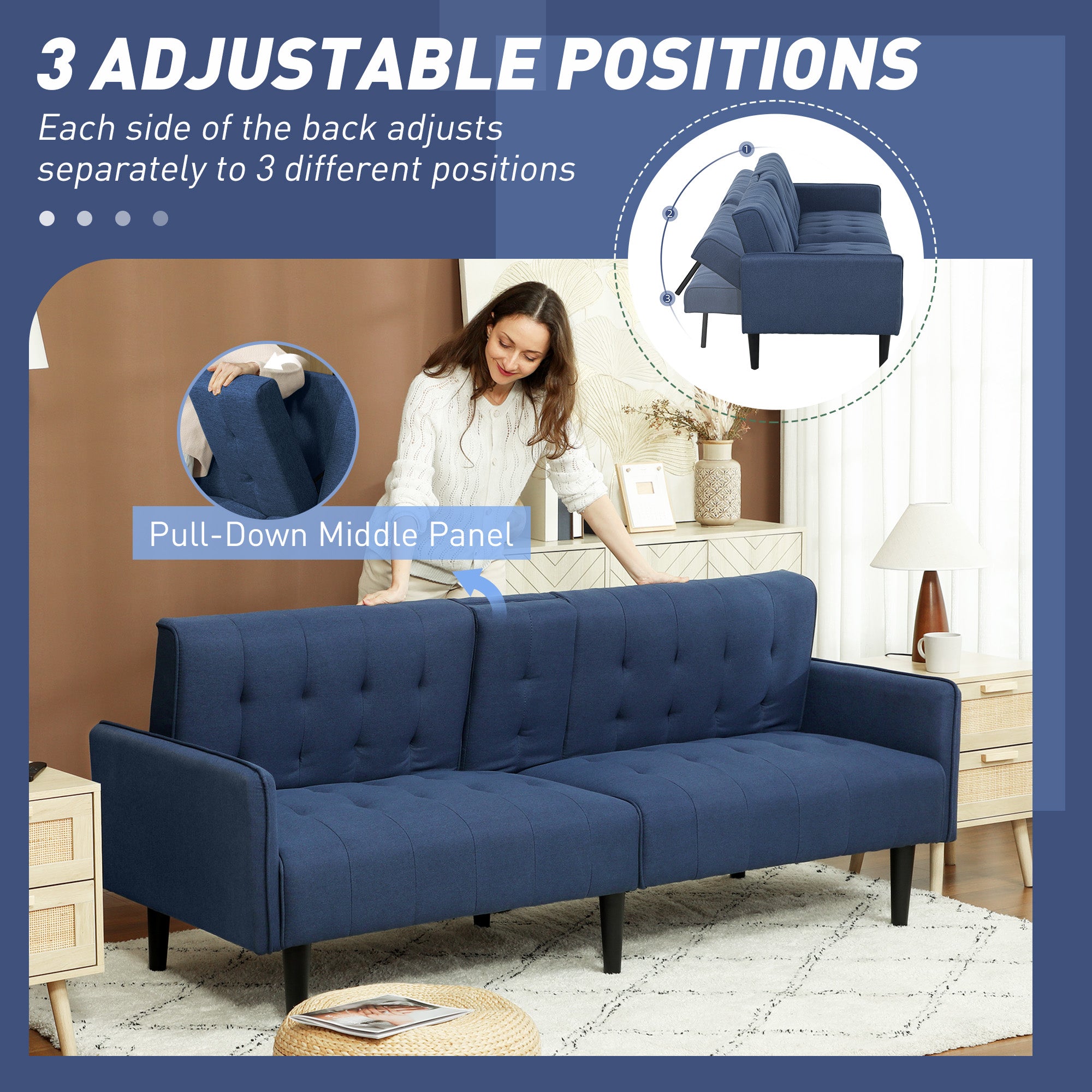 HOMCOM Upholstered Click Clack Sofa Bed, Linen-Feel 3 Seater Sofa Bed with Storage and Cupholders, Dark Blue - North Peak Garden Furniture
