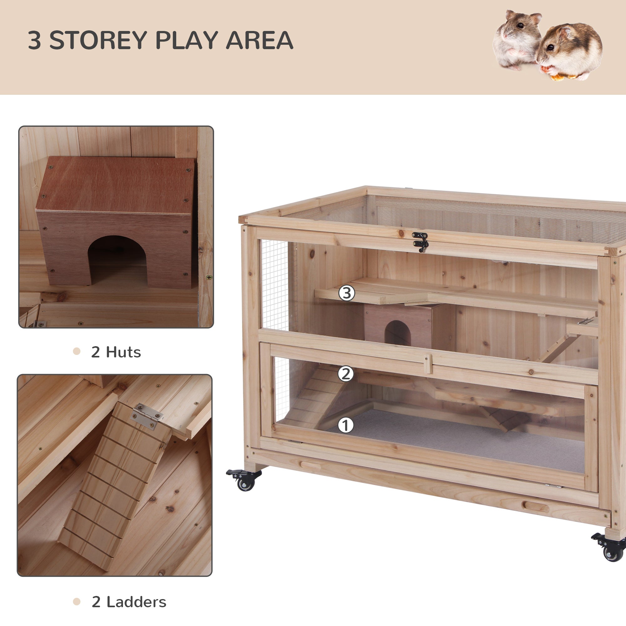PawHut Wooden Hamster Cage, Mice Rodent Small Animals Kit Hutch, 3 Tiers Exercise Play House, with Wheels, Bottom Tray, 99 x 50 x 69 cm, Natural Wood - North Peak Garden Furniture