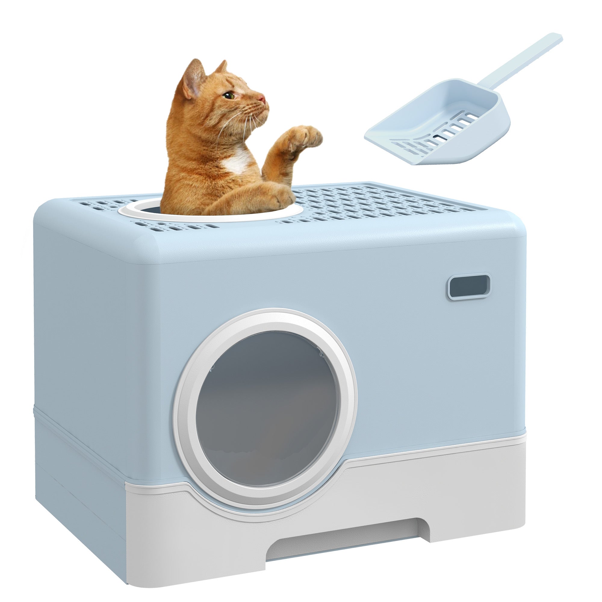 PawHut Enclosed Cat Litter Box, with Lid, Front Entry, Top Exit, Pull-Out Tray, Scoop - Blue - North Peak Garden Furniture