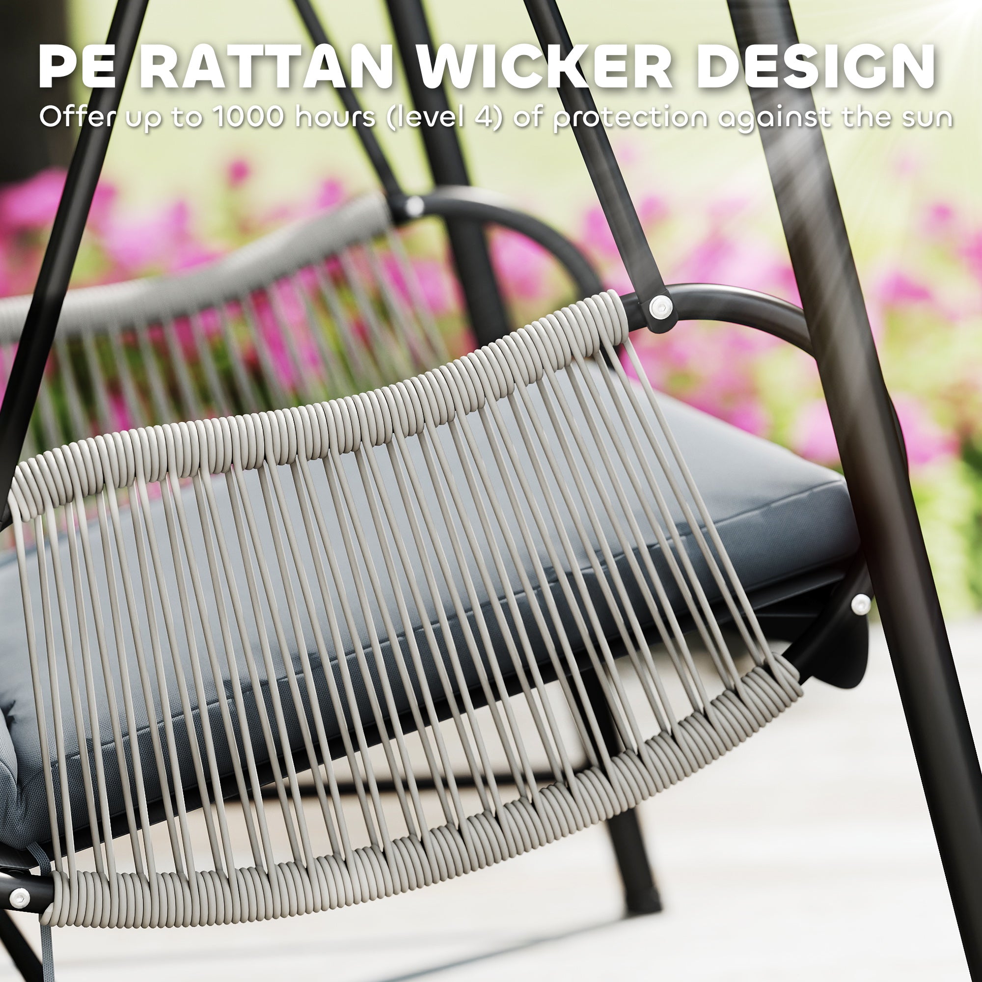 Outsunny Rattan Swing Chair, Outdoor Garden Hanging Swing Seat with Stand and Seat Cushion, Porch Hanging Chair for Balcony, Garden, Deck, Light Grey - North Peak Garden Furniture