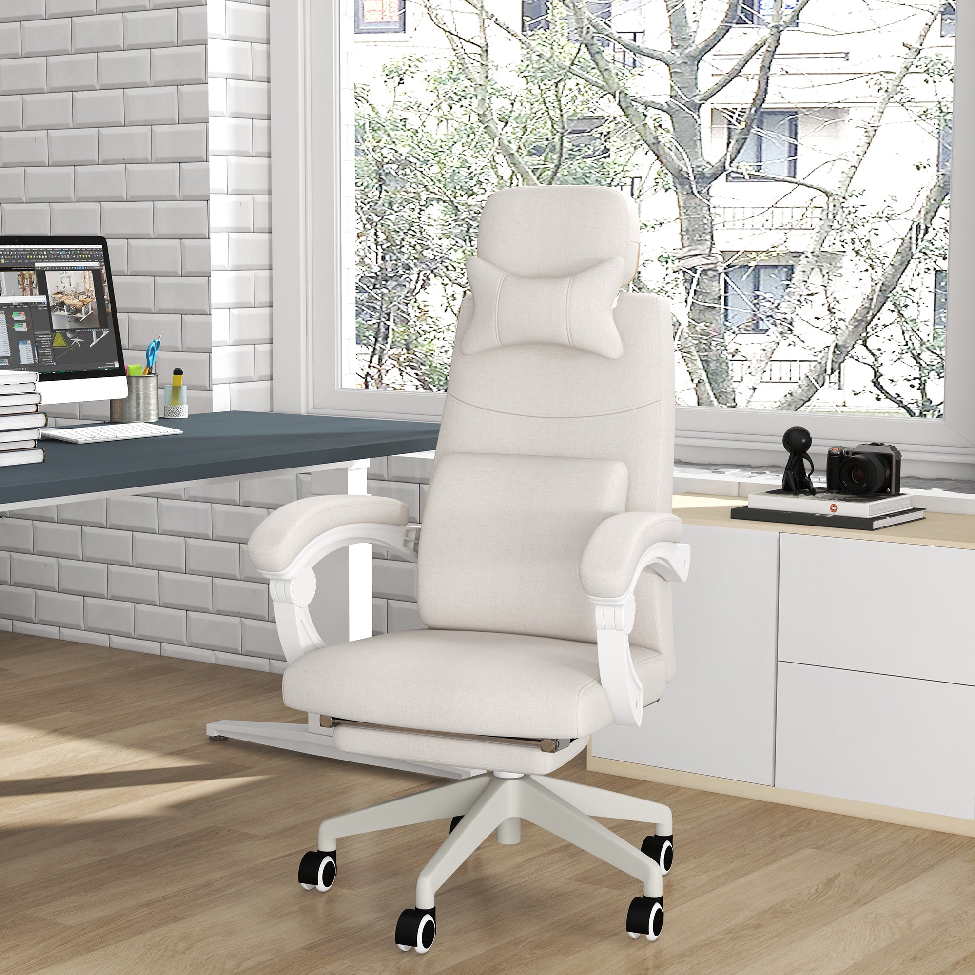 Vinsetto Linen-Look Office Chair, with 160° Reclining Back and Footrest - White