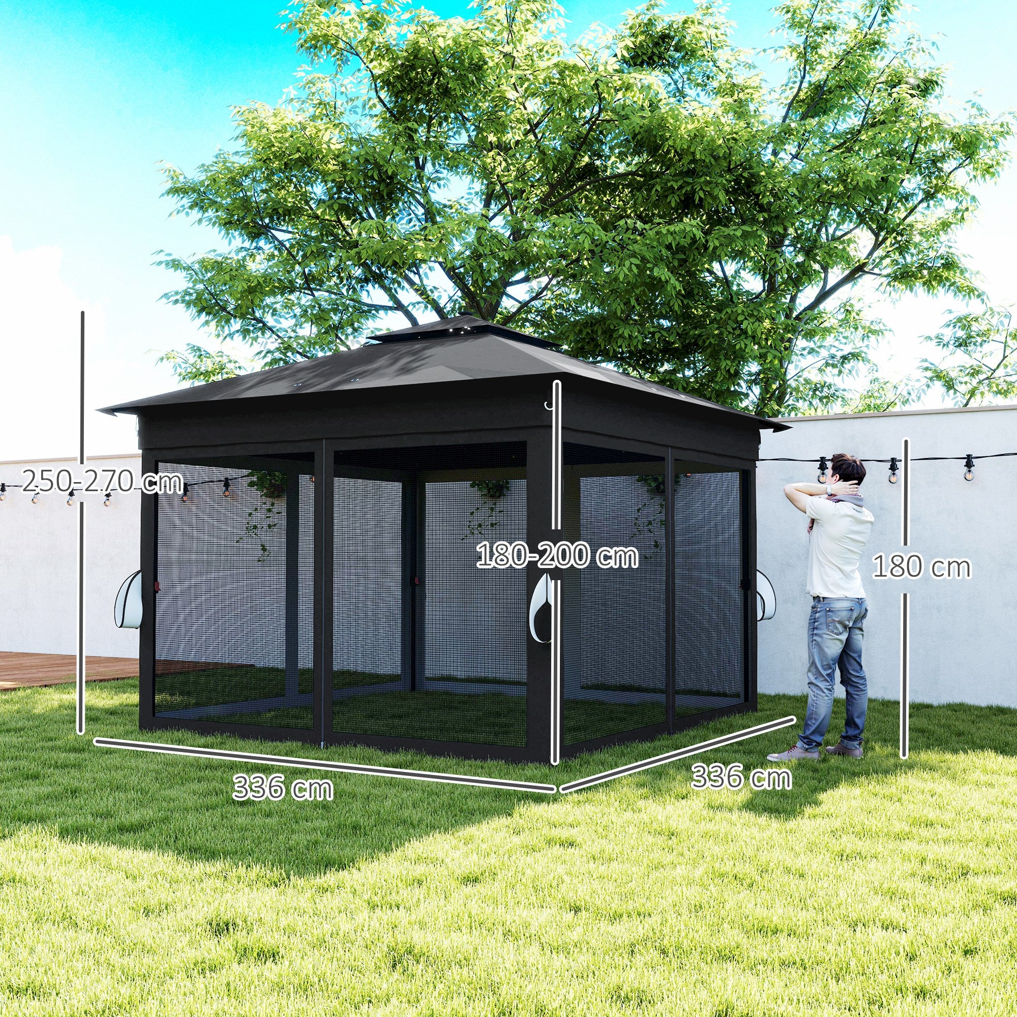 Outsunny 3 x 3(m) Pop Up Gazebo Party Tent with Solar-Powered LED Lights, Adjustable Event Shelter with Netting, Black - North Peak Garden Furniture