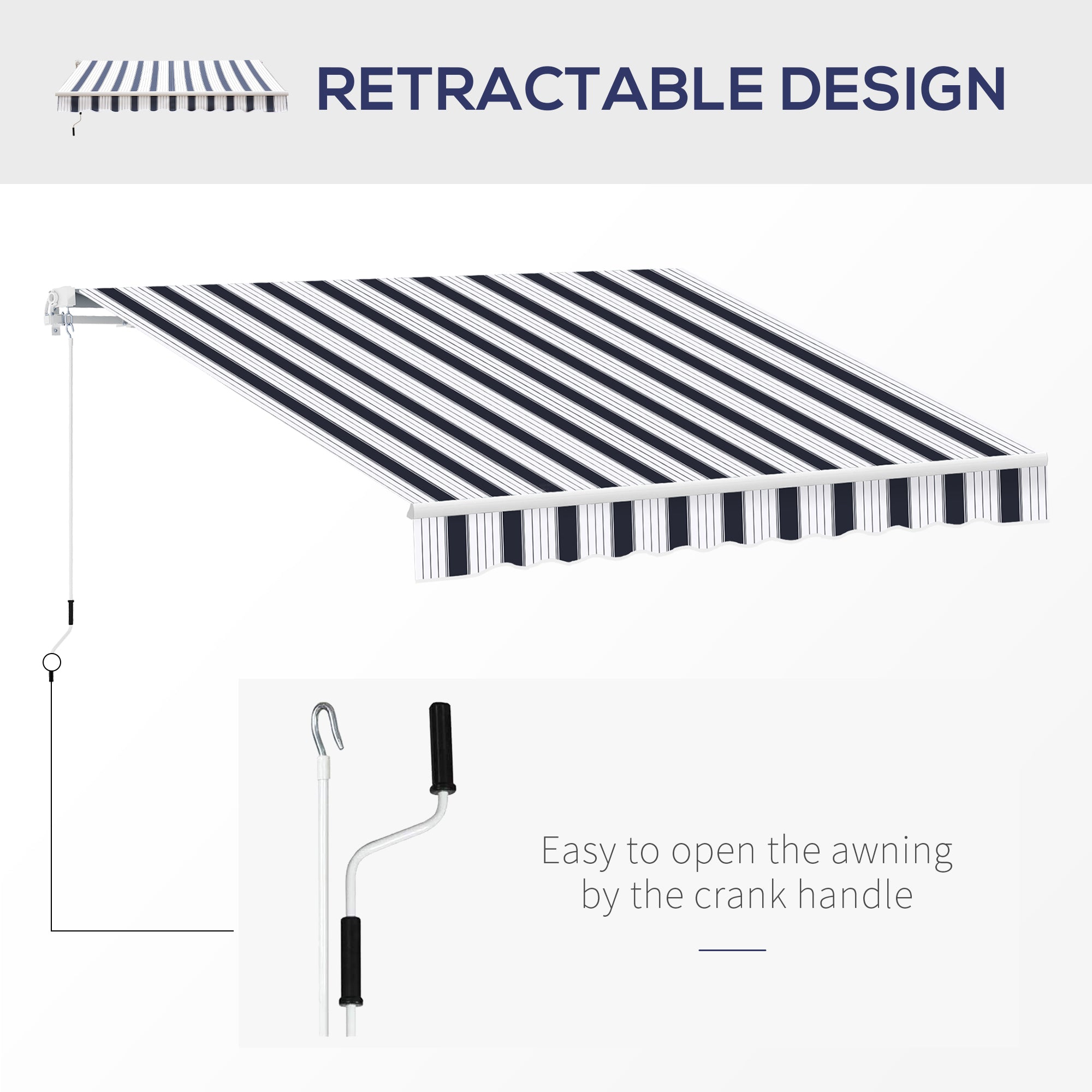 Outsunny 2.5m x 2m Garden Patio Manual Awning Canopy Sun Shade Shelter Retractable with Winding Handle Blue White