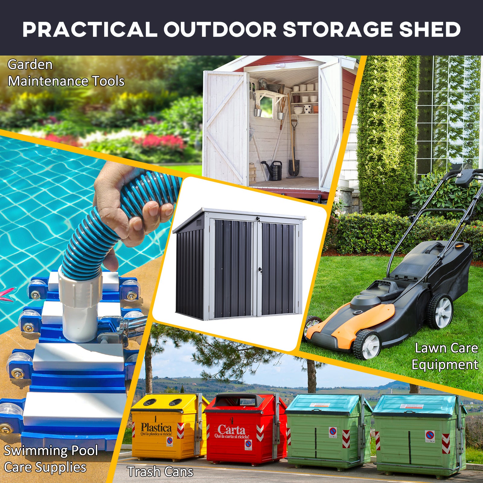 Outsunny 3.2 x 5.1ft Corrugated Steel Two-Bin Storage Shelter - Black - North Peak Garden Furniture