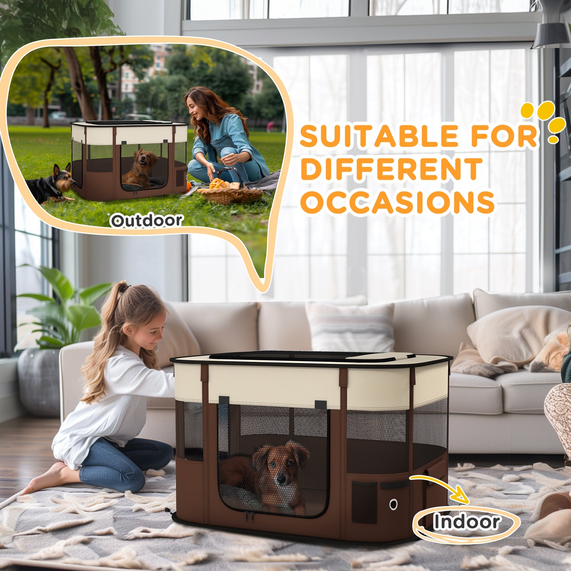 PawHut Foldable Dog Pen with Storage Bag for Indoor/Outdoor Use, Portable Pet playpen, with Ground Stakes - Brown