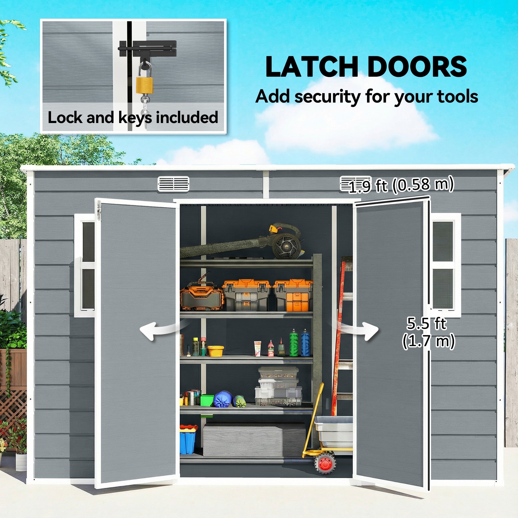 Outsunny 10 x 4 ft Resin Garden Shed, Outdoor Storage Shed with Floor, Windows, Lockable Doors and Vents, Grey
