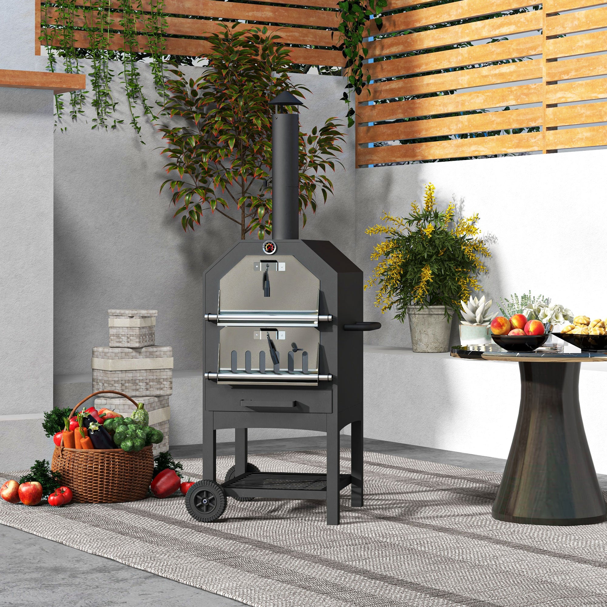 Outsunny Steel 3-Tier Outdoor Pizza Oven Charcoal BBQ Grill, Black - North Peak Garden Furniture