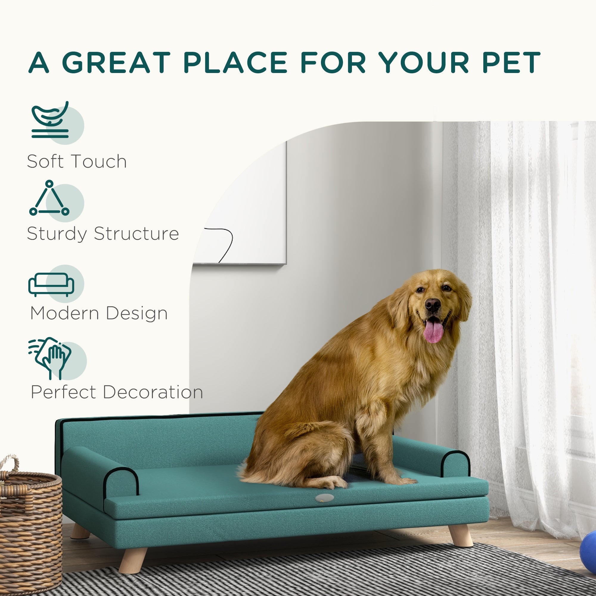 PawHut Dog Sofa, with Wooden Legs, Water-Resistant Fabric, for Medium & Large Dogs - Green - North Peak Garden Furniture