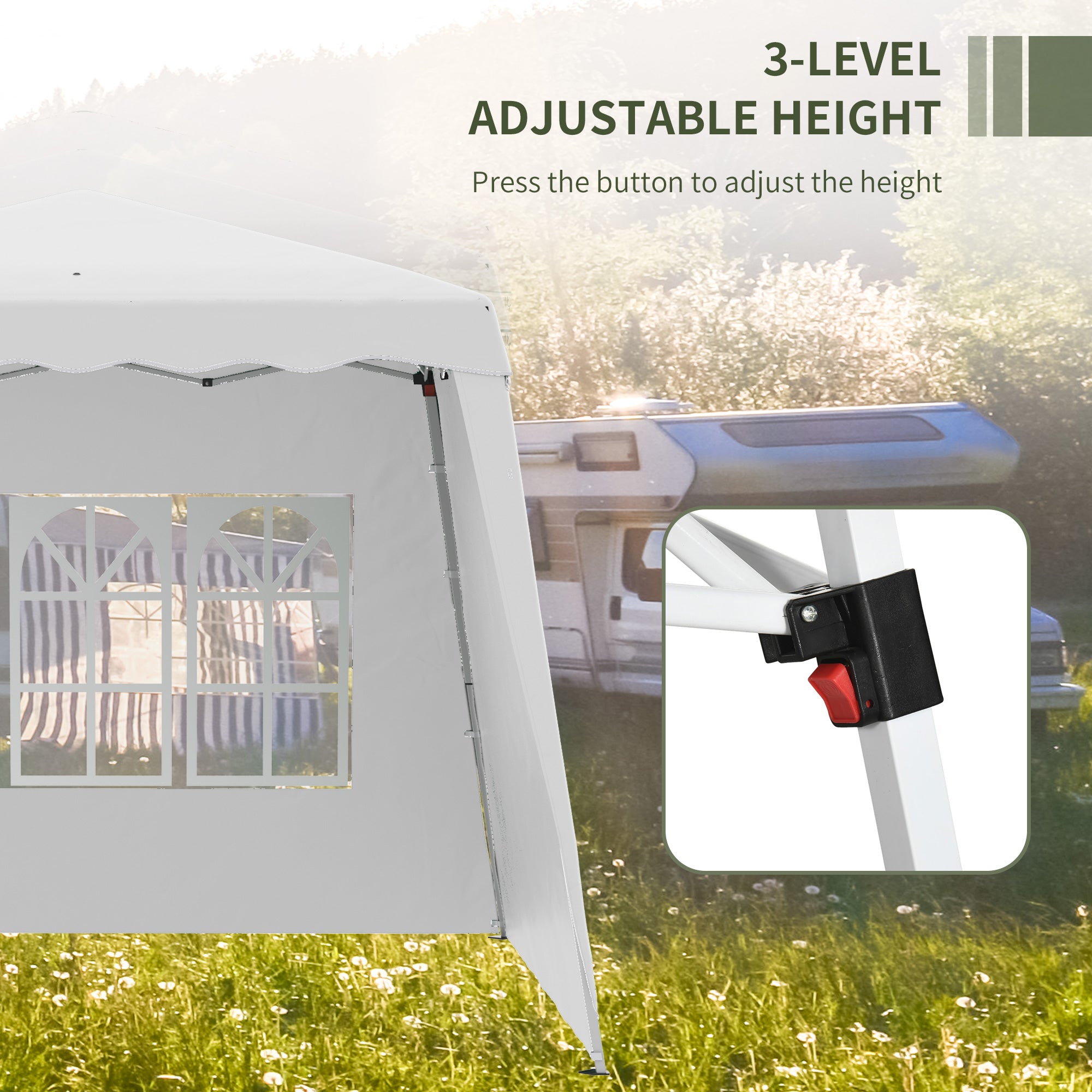 Outsunny Pop Up Gazebo with 2 Sides, Slant Legs and Carry Bag, Height Adjustable UV50+ Party Tent Event Shelter for Garden, Patio, 2.4 x 2.4m Top / 2.9 x 2.9m Base, White - North Peak Garden Furniture