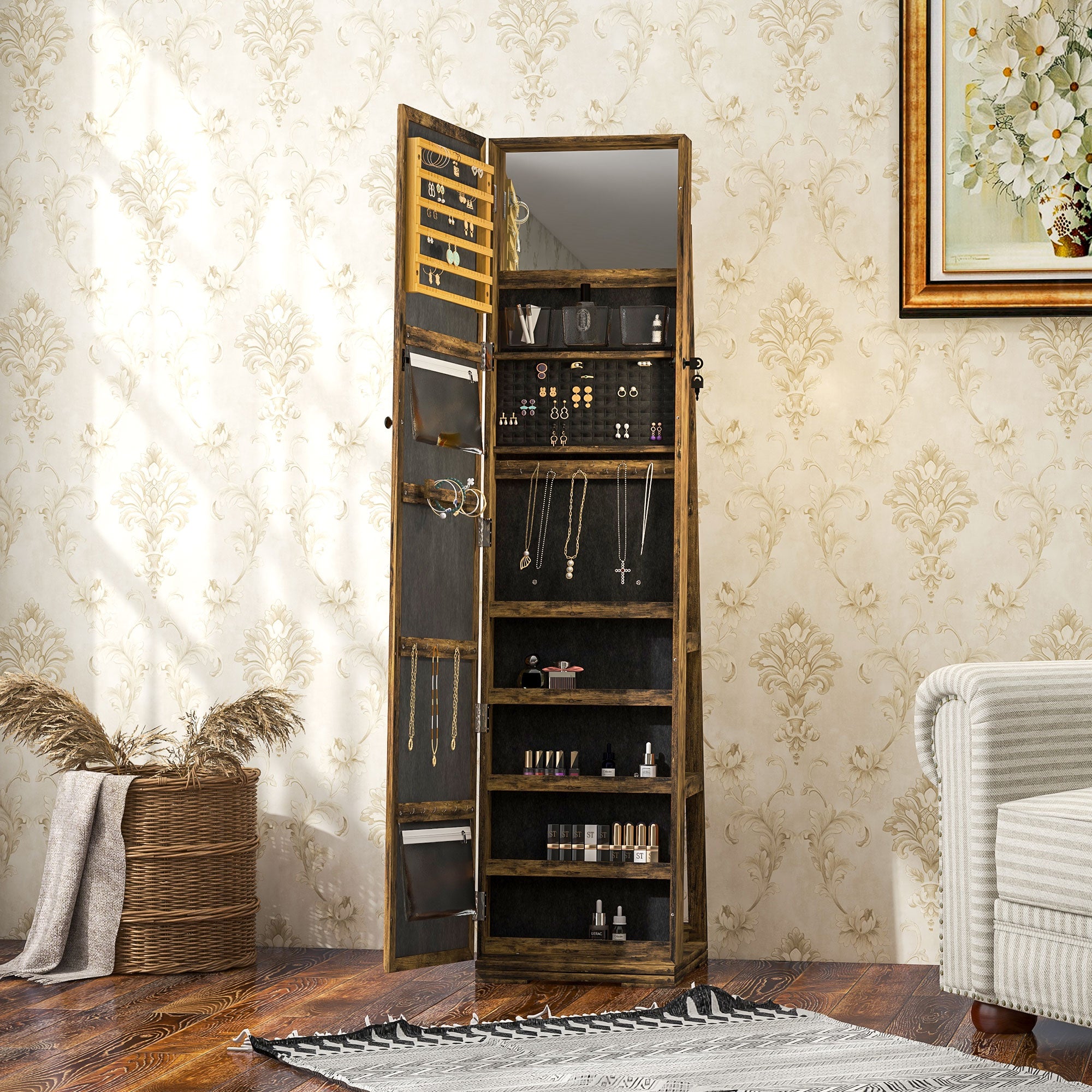 HOMCOM 360° Swivel Jewellery Cabinet, Mirror Armoire, Full Length Mirror, Lockable Jewellery Organiser with Built-In Small Mirror, Rustic Brown - North Peak Garden Furniture