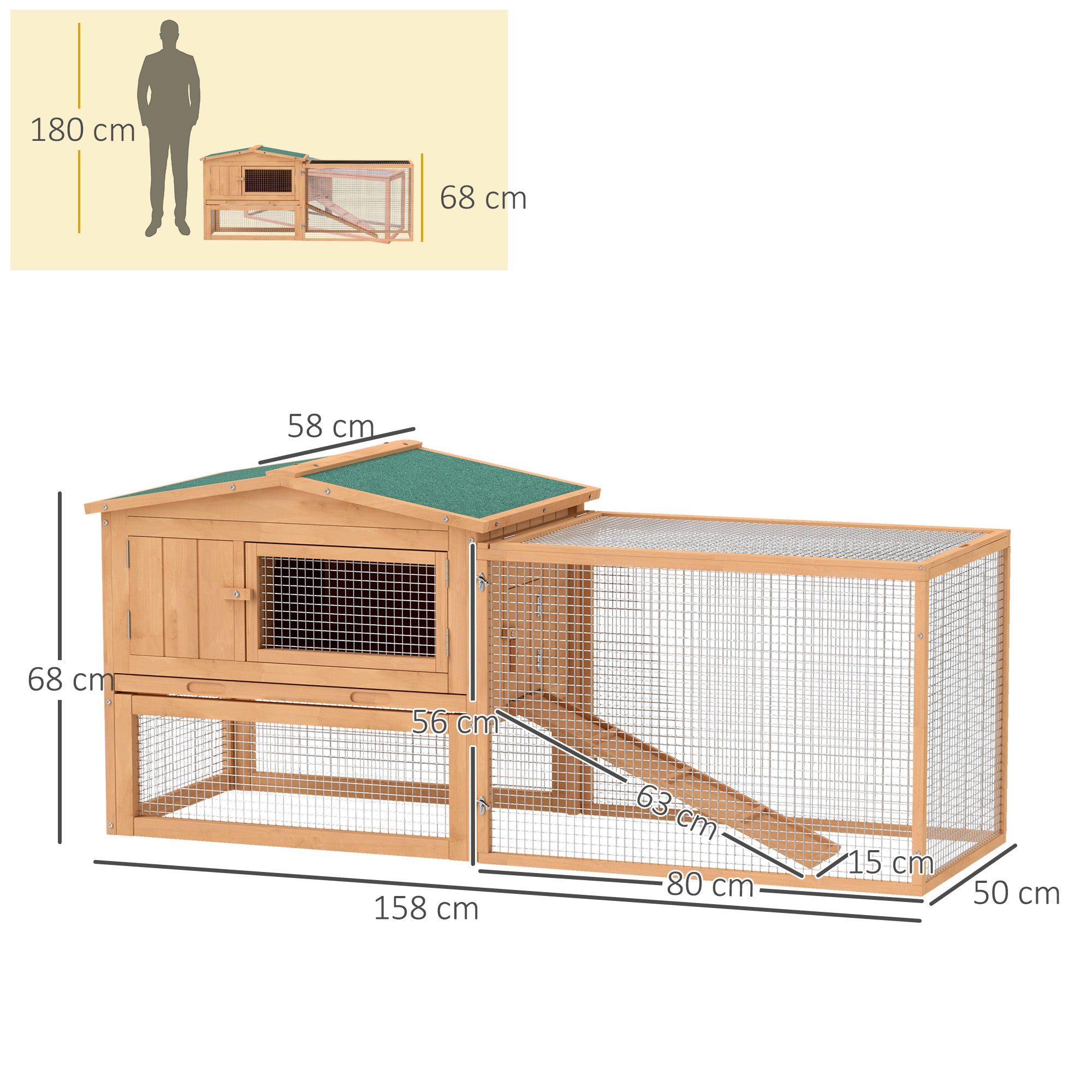 Pawhut Wooden Rabbit Hutch Guinea Pig hutch House 2 Tier with Rabbit Run for Outdoor Garden Backyard, 85 x 24 x 57cm