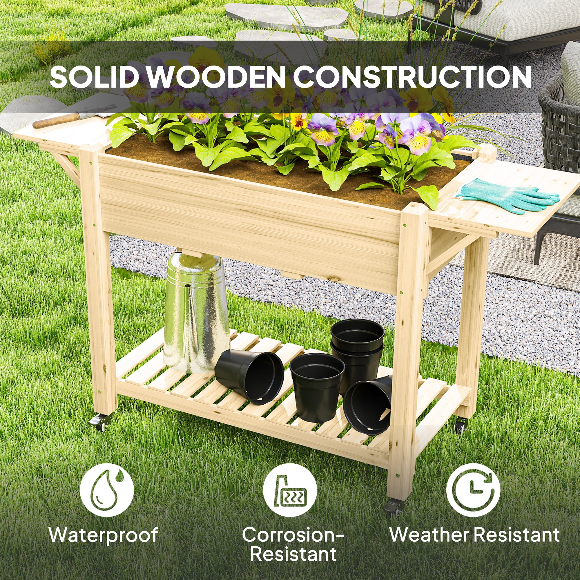 Outsunny 46 x 94cm Wooden Raised Planter, with Shelves - Natural Finish