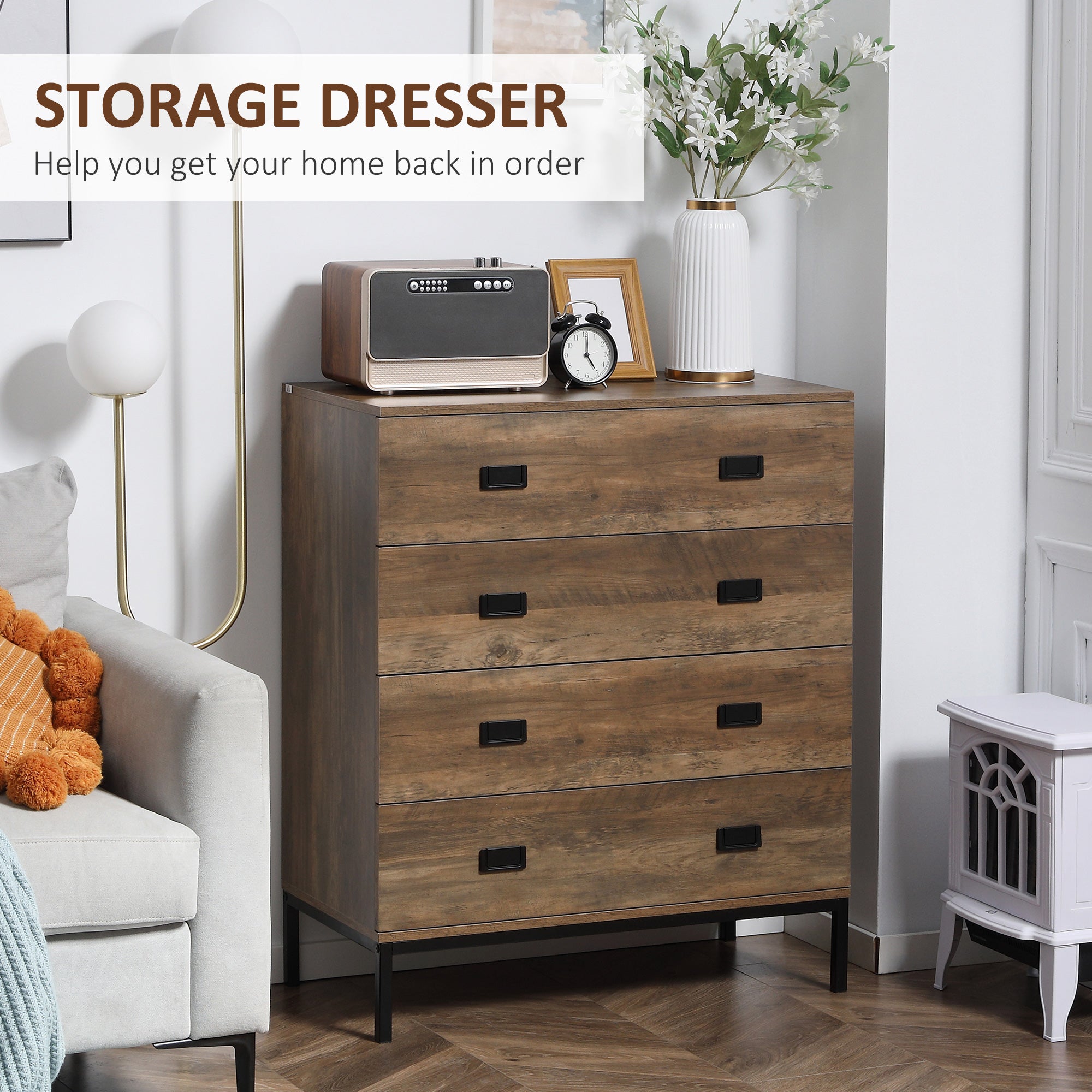 HOMCOM Chest of Drawers, 4-Drawer Storage Organiser Unit with Metal Frame for Bedroom, Living Room, Brown - North Peak Garden Furniture