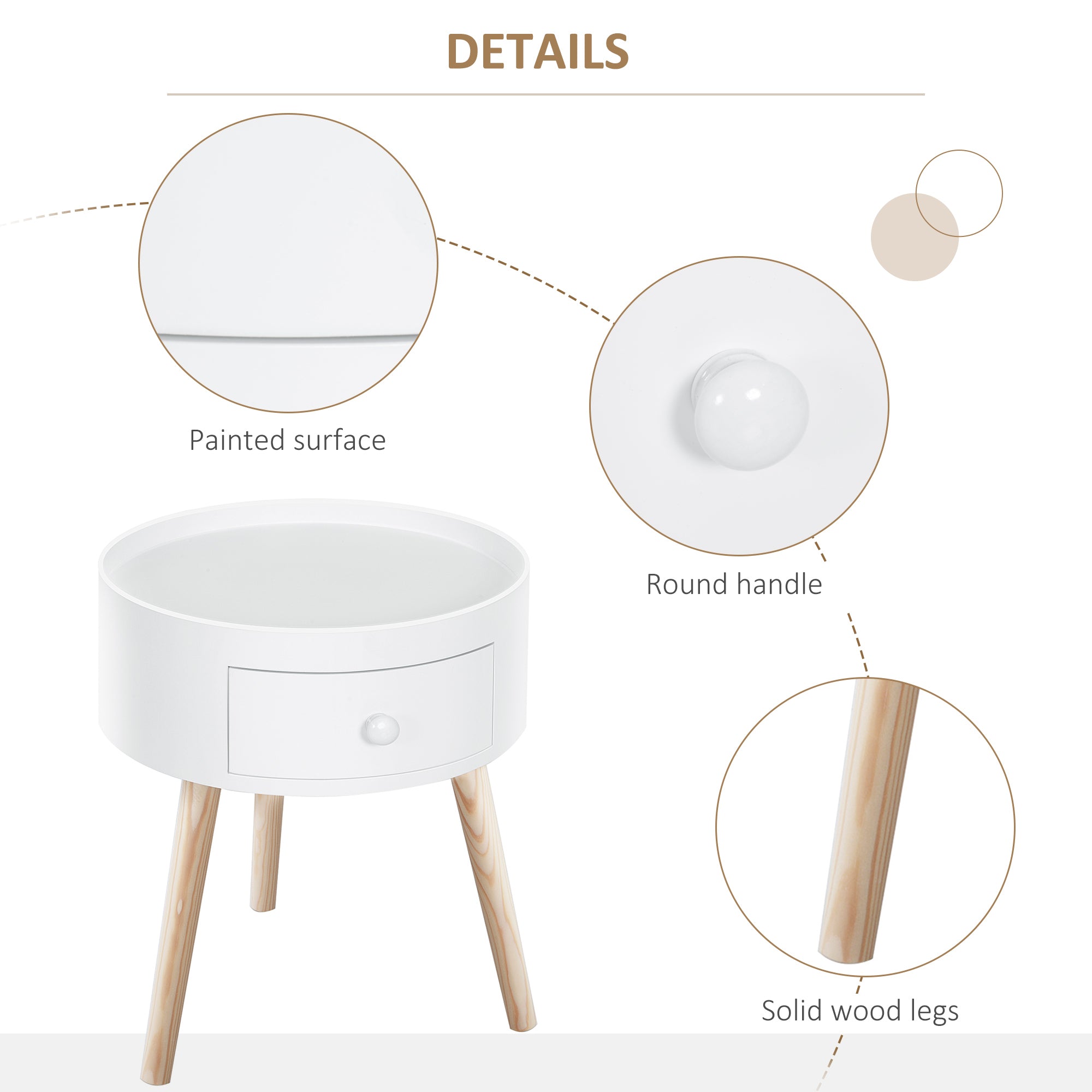HOMCOM Modern Side Table, Small Coffee Table, Round Bedside Table with Drawer and Wood Legs for Living Room, Bedroom, Set of 2, White - North Peak Garden Furniture