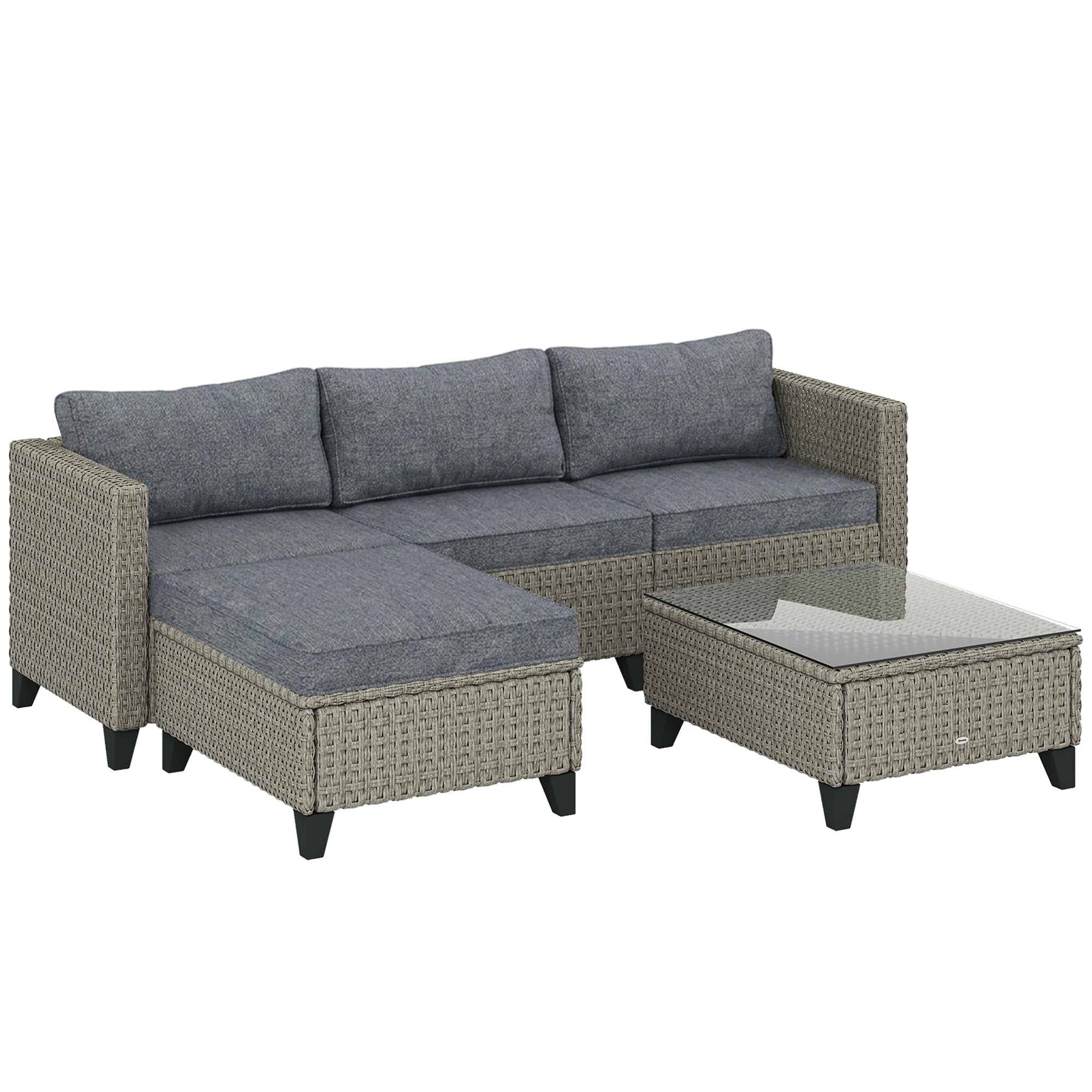 Outsunny 5-Piece Rattan Patio Furniture Set with Corner Sofa, Footstools, Coffee Table, for Poolside, Dark Grey