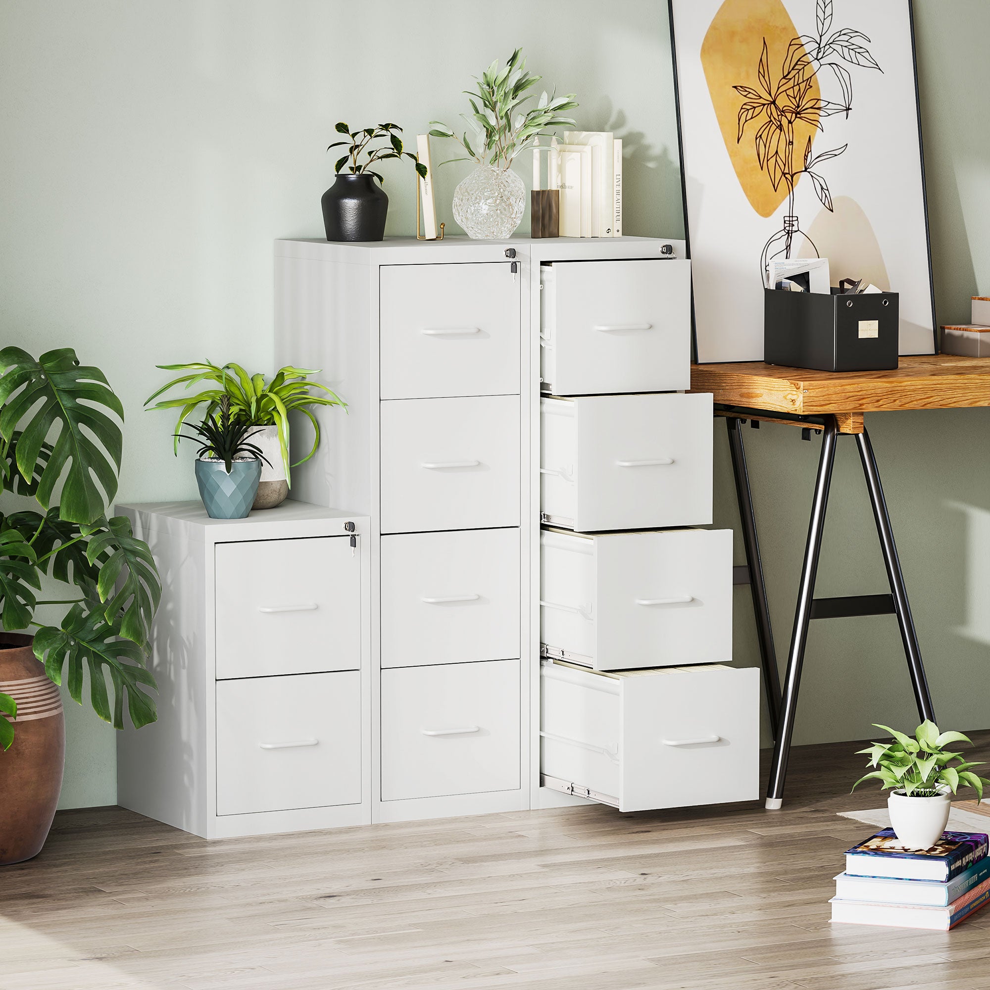 HOMCOM Four-Drawer Modern Steel Filing Cabinet - White - North Peak Garden Furniture