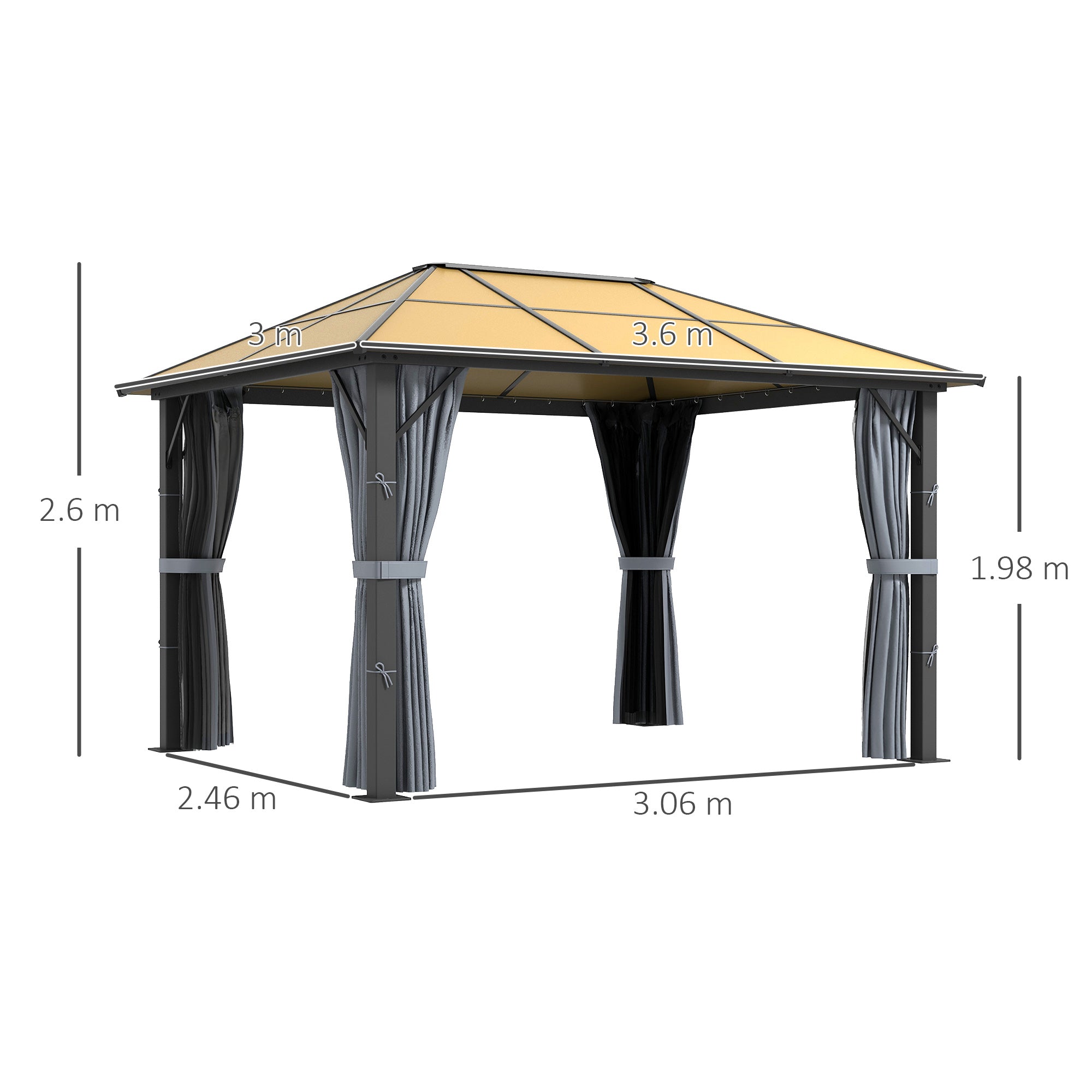 Outsunny 3 x 3.6m Garden Aluminium Gazebo Hardtop Roof Canopy Marquee Party Tent Patio with Mesh Curtains & Side Walls - Grey - North Peak Garden Furniture