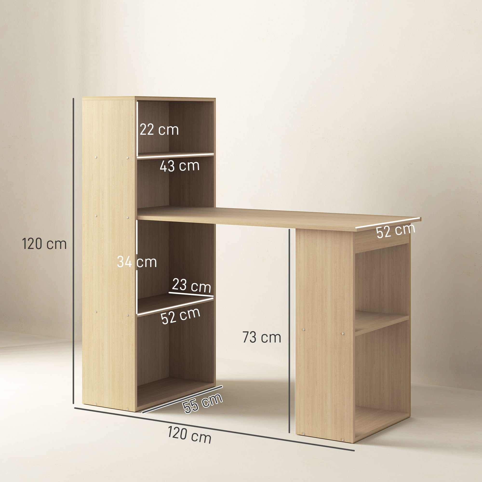 HOMCOM 120cm Modern Computer Desk Bookshelf Study Table Workstation PC Laptop Writing Home Office 6 Shelves, Natural Wood Finish - North Peak Garden Furniture
