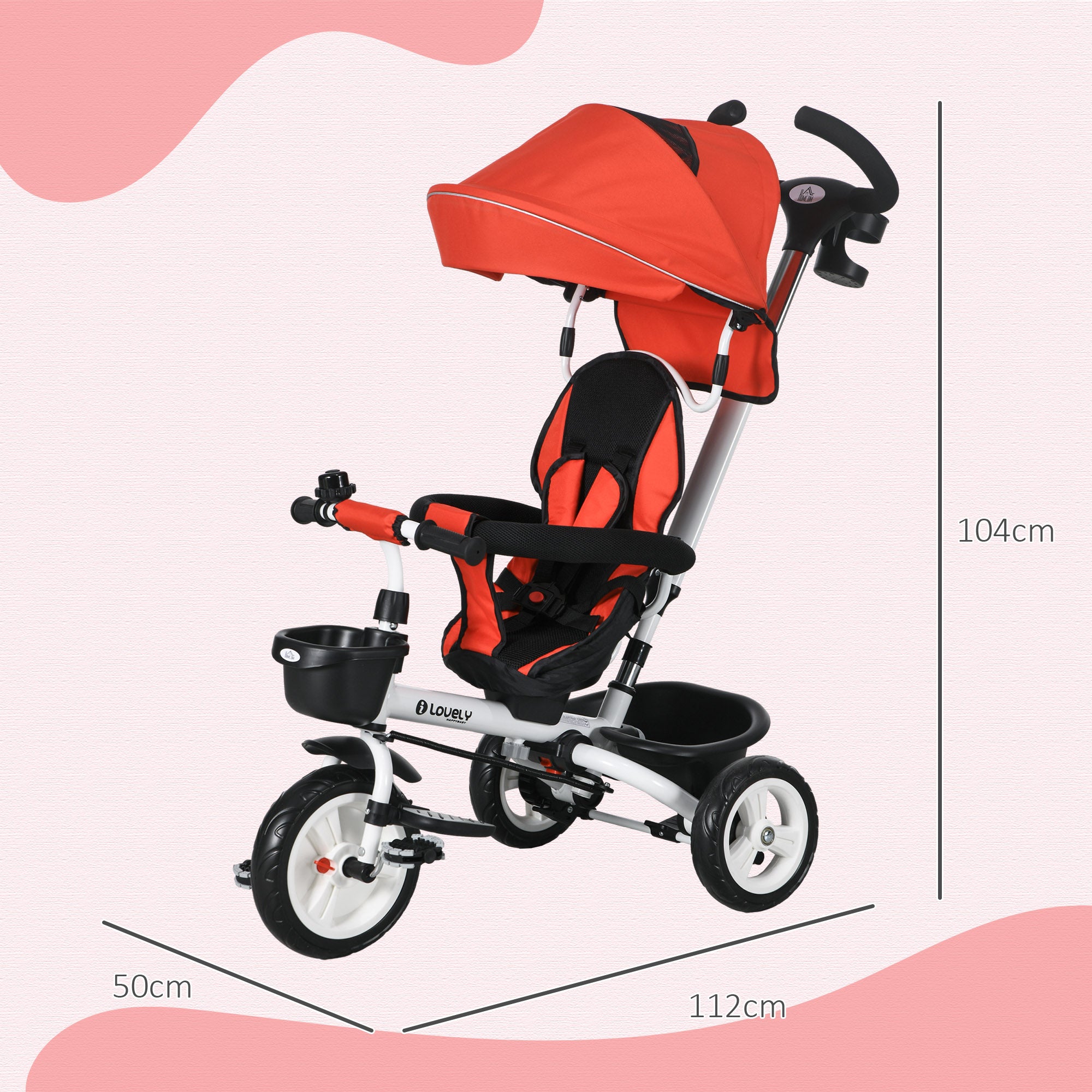 HOMCOM Metal Frame 6 in 1 Baby Push Tricycle with Parent Handle for 1-5 Years Old, Red - North Peak Garden Furniture
