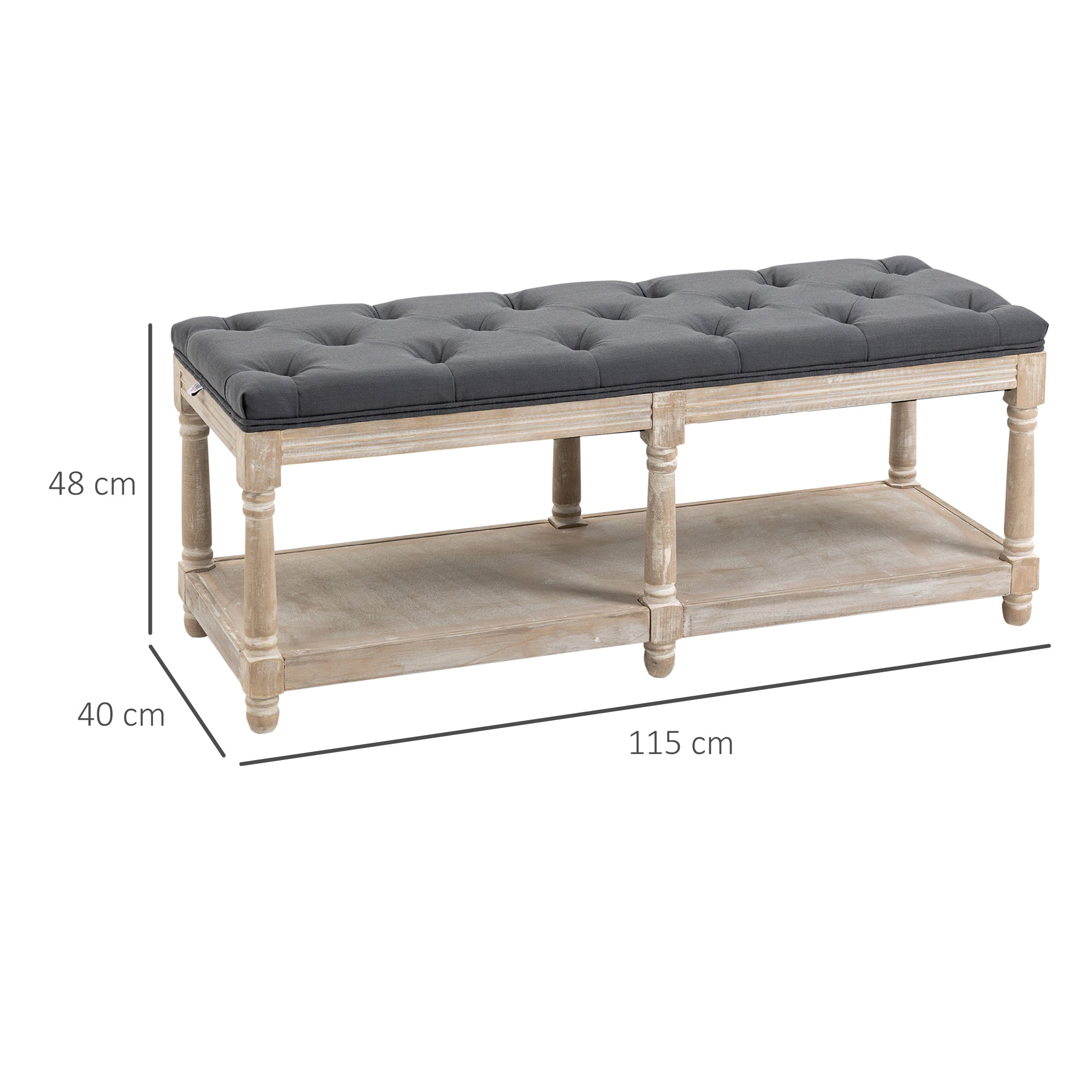 HOMCOM 2-Tier Bed End Bench, Vintage Stool, Wooden Window Seat with Storage Shelf, Button Tufted Upholstered Footstool for Living Room, Bedroom, Entryway, Grey - North Peak Garden Furniture