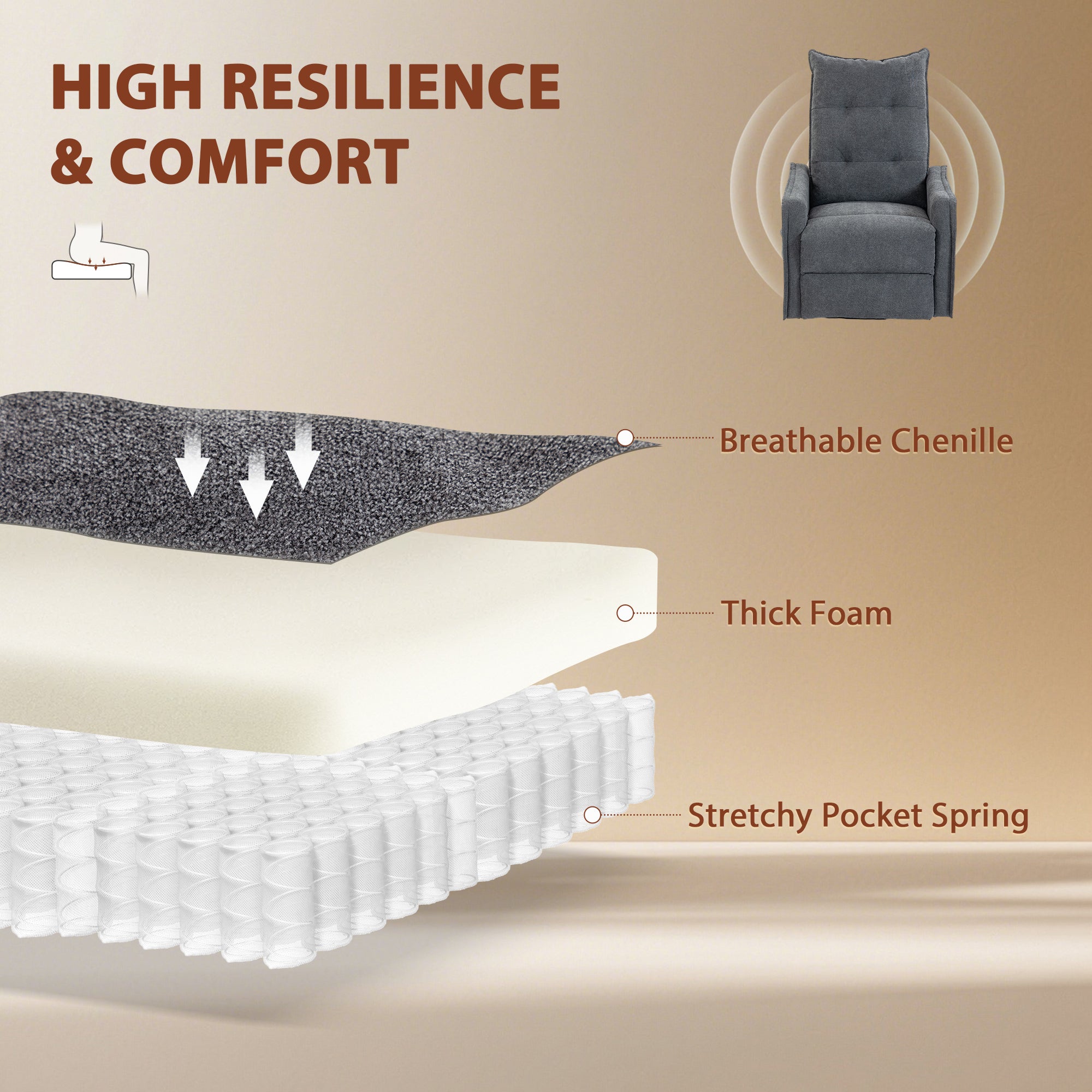 HOMCOM Recliner Armchair, Chenille Recliner Chair with Massage and Heat, 360° Swivel Rocking Manual Recliner, Dark Grey