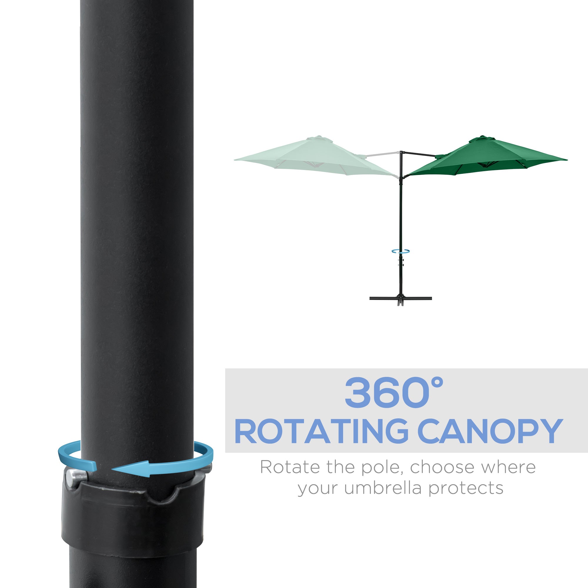 Outsunny 2.5M Garden Cantilever Parasol with 360° Rotation, Offset Roma Patio Umbrella Hanging Sun Shade Canopy Shelter with Cross Base, Green - North Peak Garden Furniture
