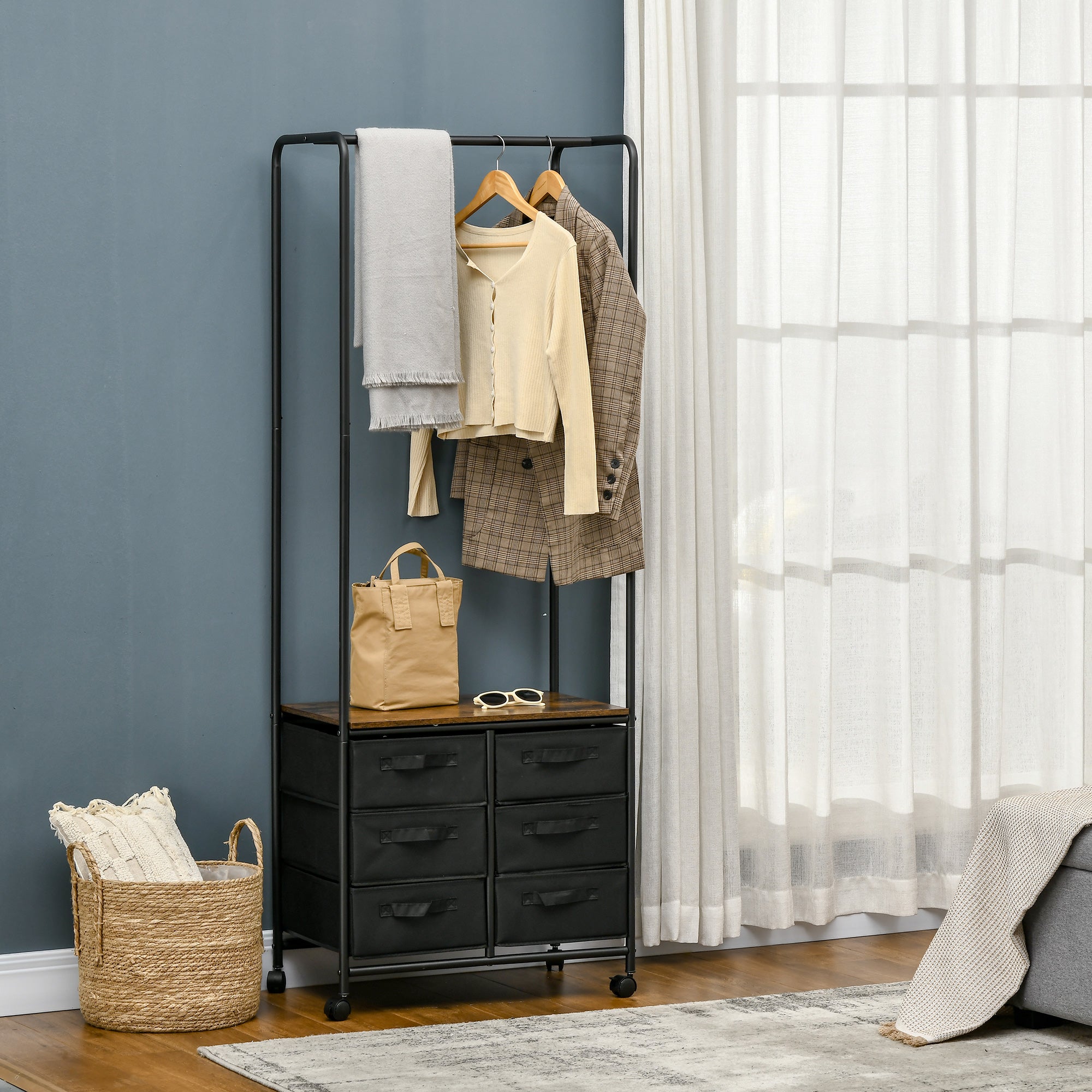 HOMCOM Industrial Hanging Clothes Rail, Clothes Rack with 6 Fabric Drawers, Open Wardrobe Organiser for Hallway, Bedroom and Closet, Rustic Brown - North Peak Garden Furniture