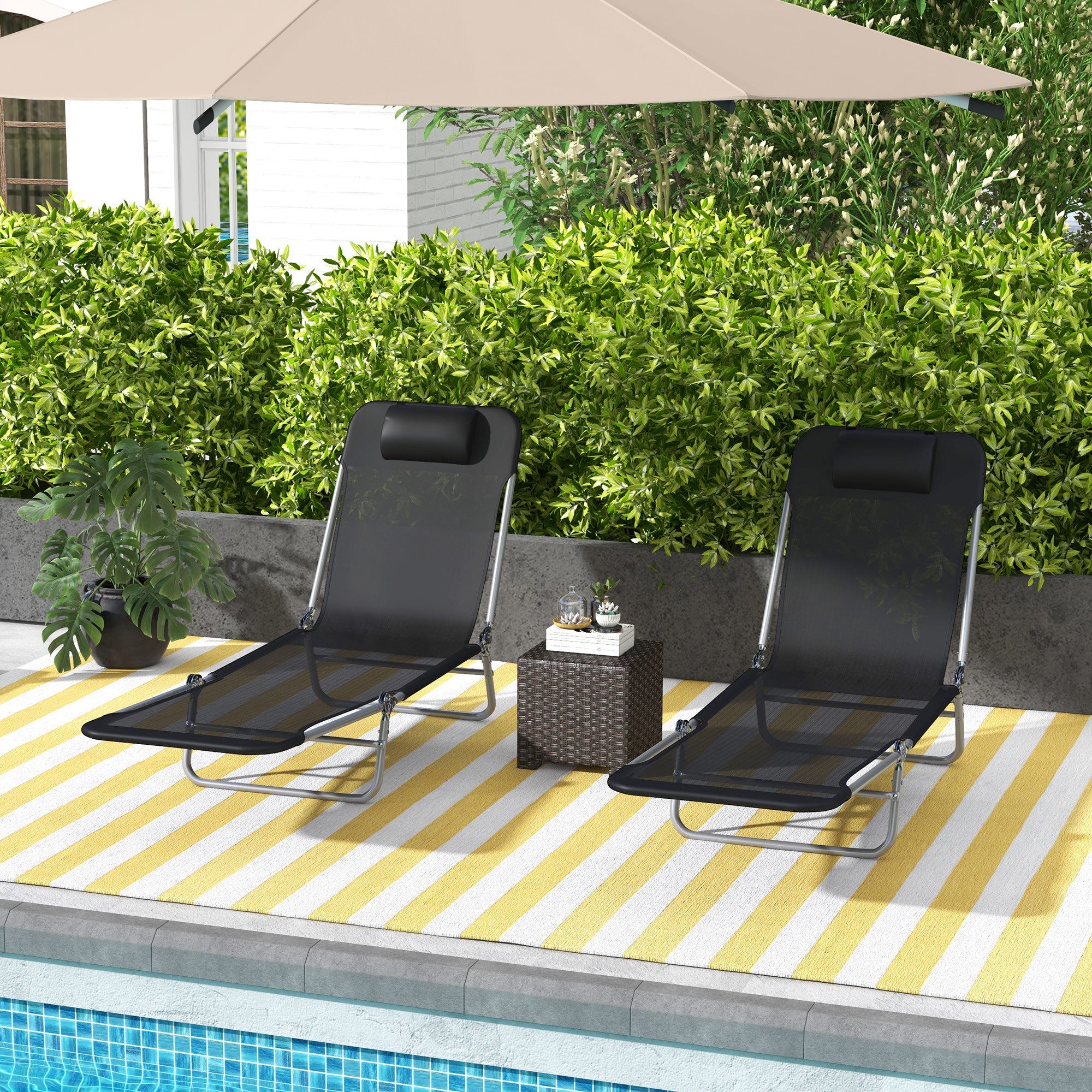 Outsunny Set of Two Steel Frame Sun Loungers, with Reclining Backs - Black