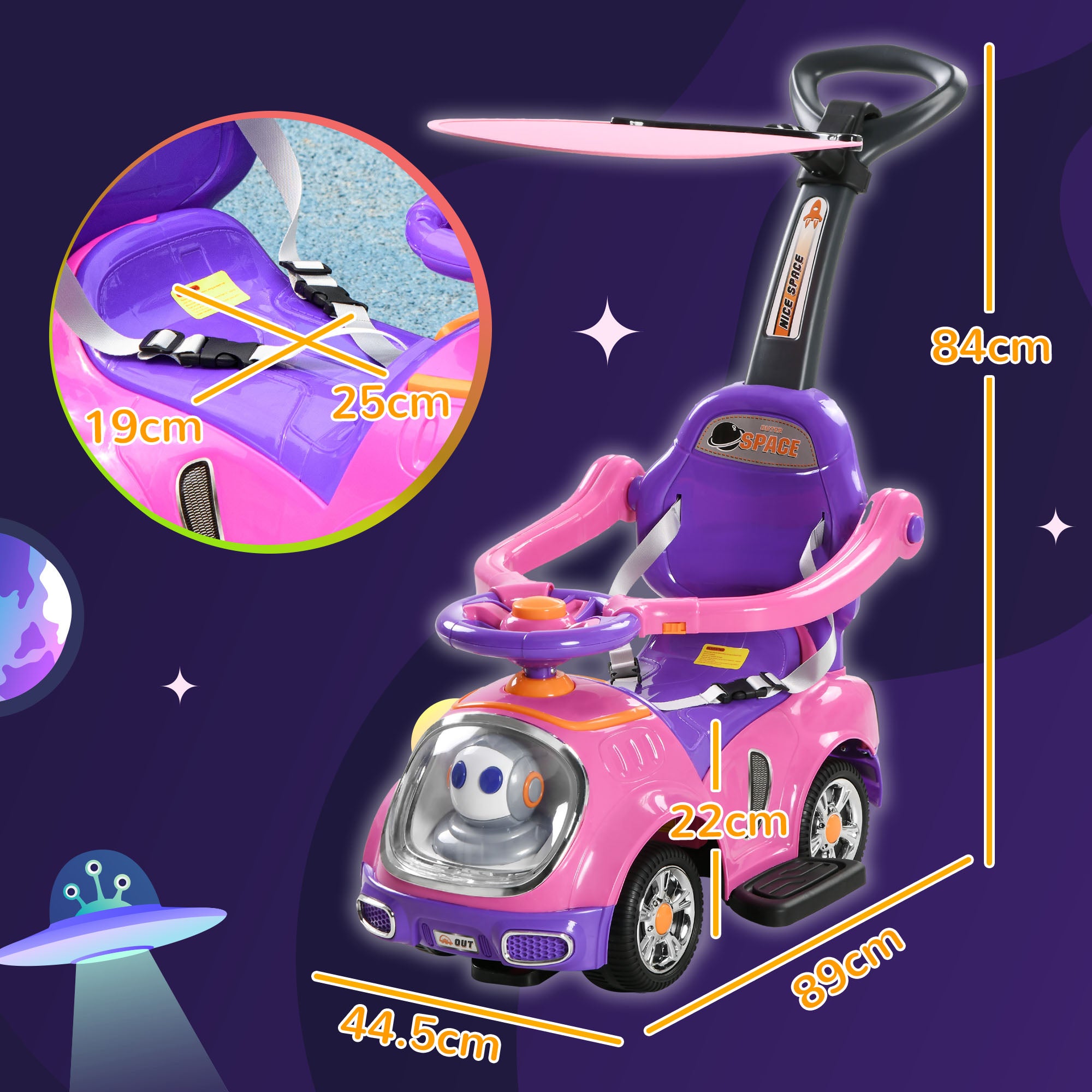 AIYAPLAY 3 in 1 Ride on Push Car, Cartoon Robot Theme Foot to Floor Slider w/ Handle Light Music Horn, Storage - Pink