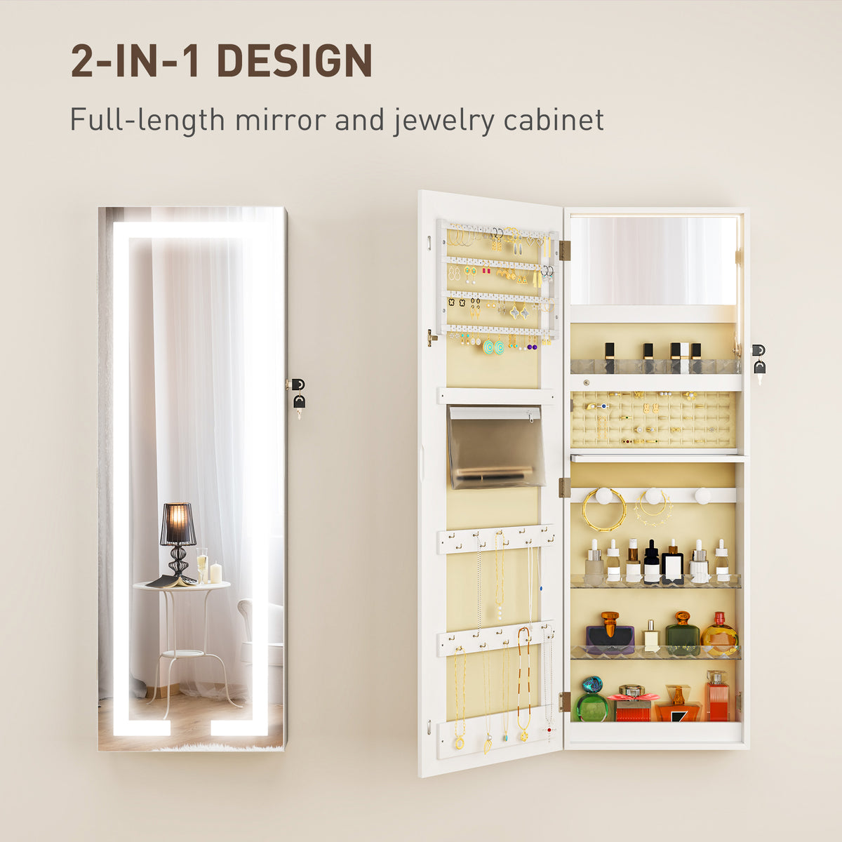 HOMCOM LED Mirror Jewellery Cabinet, Wall Mounted Full Length Mirror with Storage, Lockable Jewellery Organiser, White