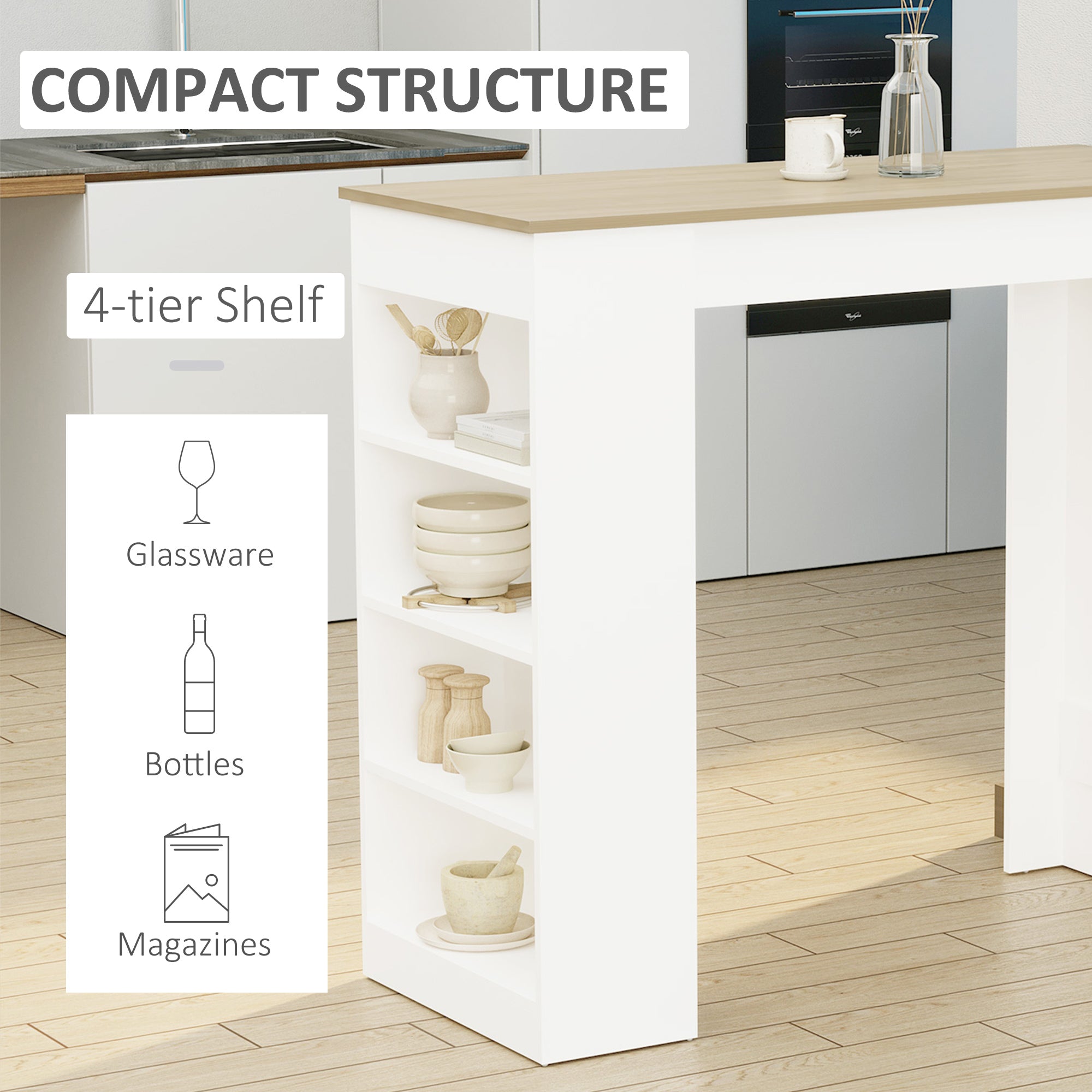 HOMCOM Bar Table Coffee Table Kitchen Dining Table with 4-Tier Storage Shelf for Kitchen, Dining Room, Living Room, Natural - North Peak Garden Furniture