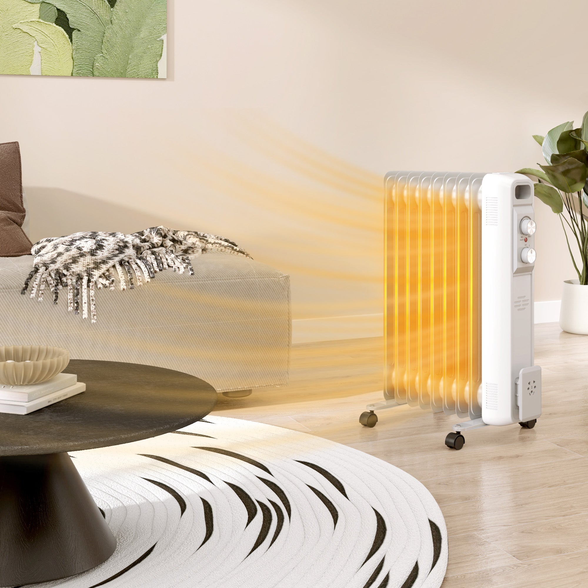 HOMCOM 2kW Nine Fin Oil-Filled Radiator - White - North Peak Garden Furniture