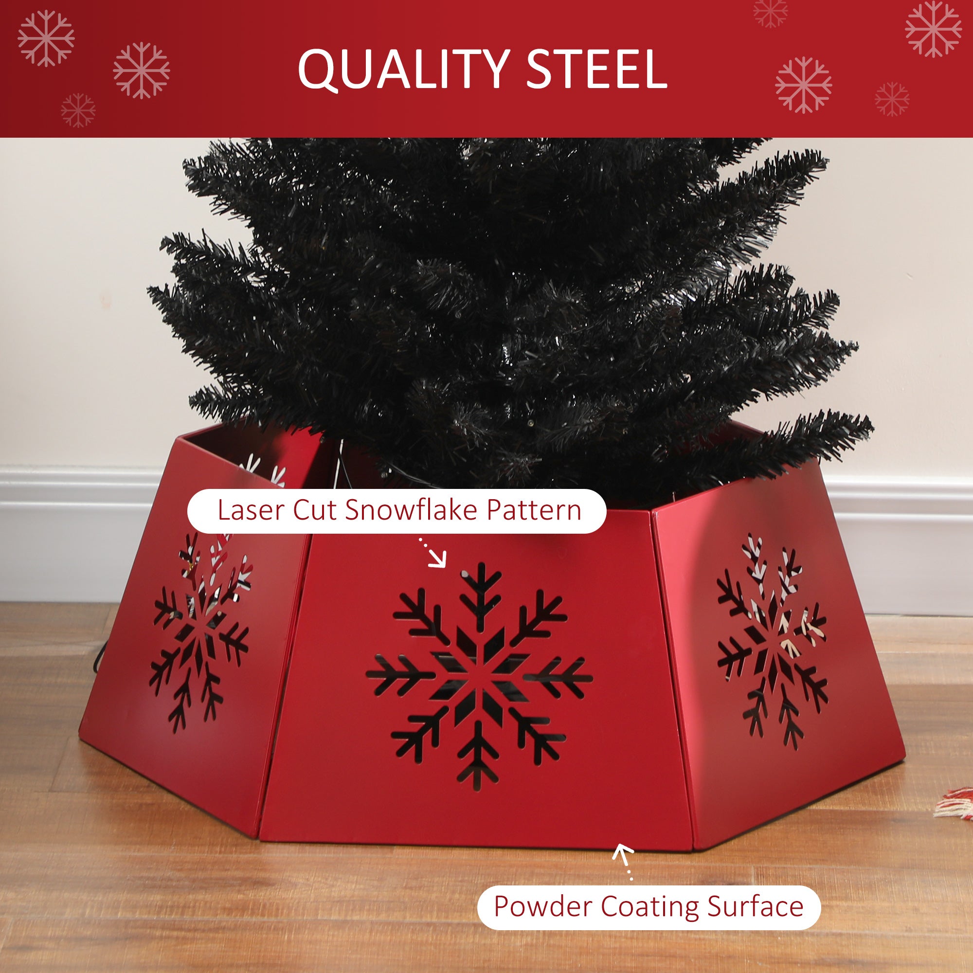 HOMCOM Christmas Tree Collar, Hexagon Christmas Tree Base Cover with Hollow Snowflake Patterns, Xmas Decoration for Party, Holiday, Home, Red - North Peak Garden Furniture